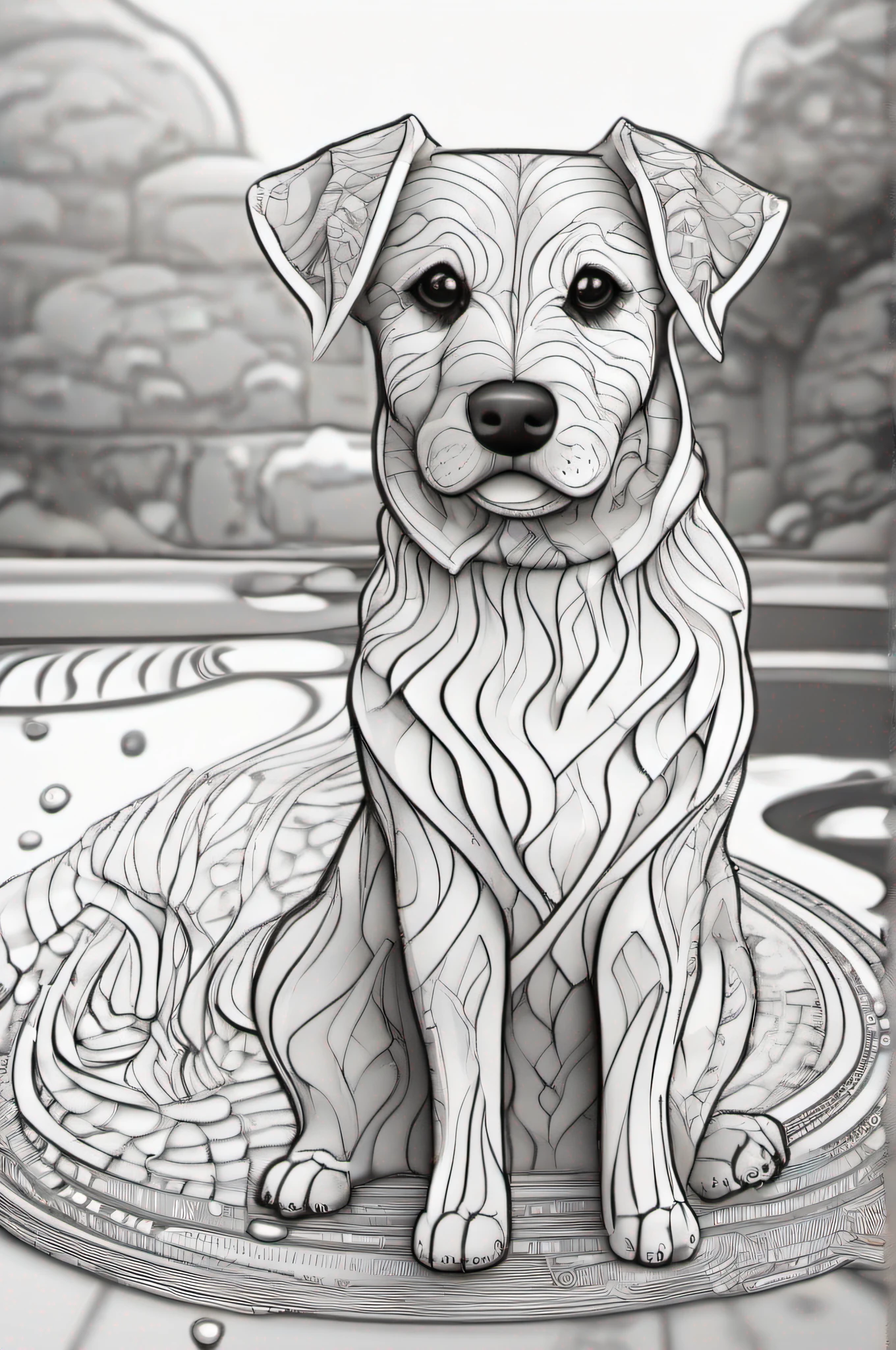 cane, Kawaii style dog, fantasia, magica, mistic, incomum, preto e branco, linhas onduladas, desenho de arte de linha realista, coloring book page , no noise, sharp thick lines, sketch art, imagem centrada, isolado em um fundo branco