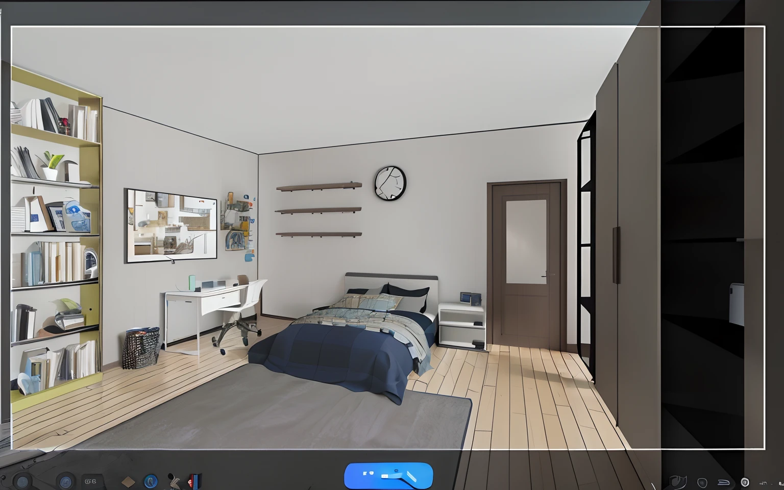 Close-up of room with bed and desk, 2D game art style, inside bedroom, Bed room, room interior, personal room background, Boy's room, bedroom background, interior of a small room, Bedroom interior, 3D rendering of, 3 d rendered, realistic 3 d style, Small room, Whole room, Dimly lit bedroom