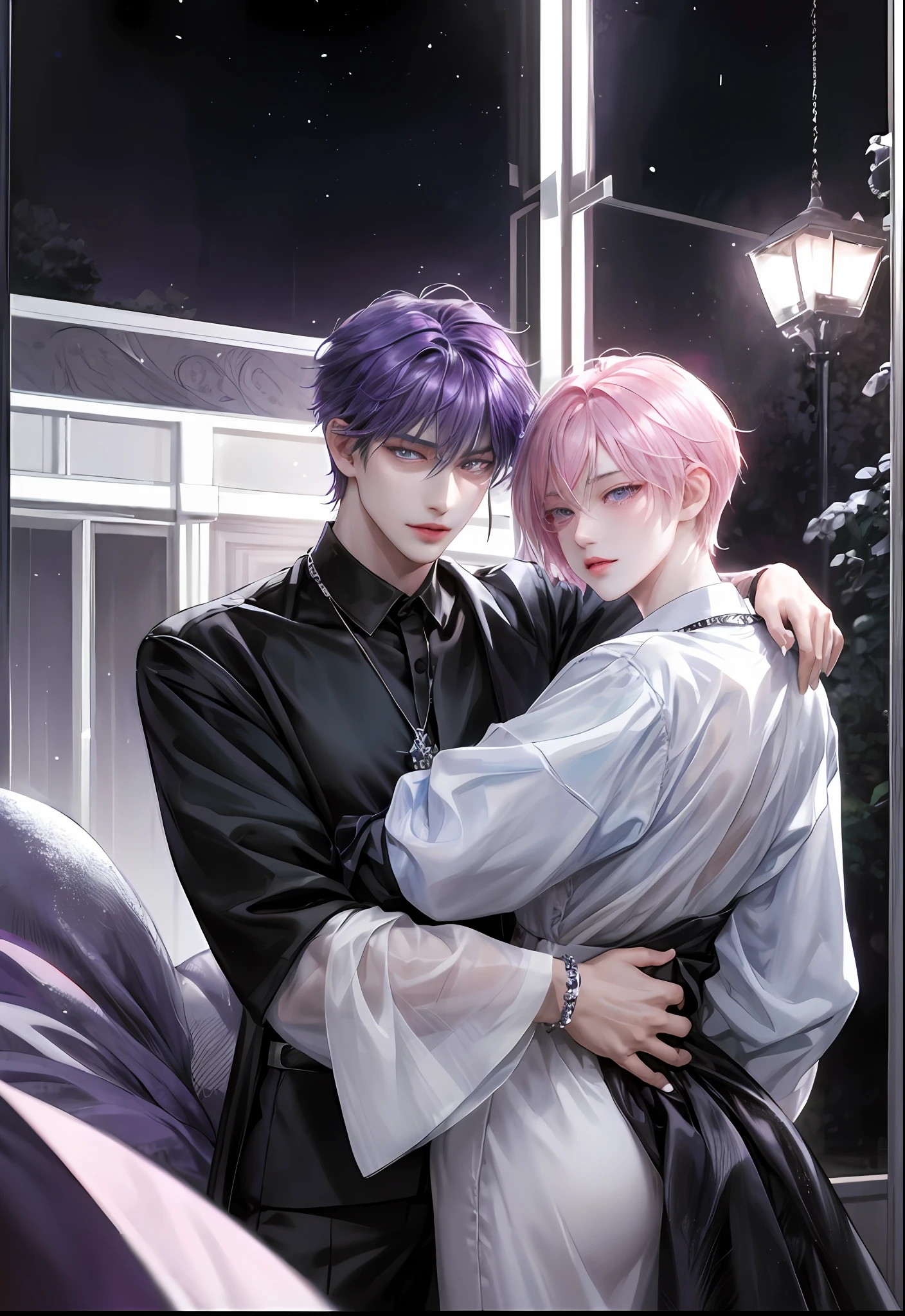 Anime couple hugging in front of the window, nixeu and sakimichan, sakimichan and frank franzzeta, frank franzzeta and sakimichan, artwork in the style of guweiz, official fan art, Two anime handsome men, Yaoi, wlop and sakimichan, guweiz
