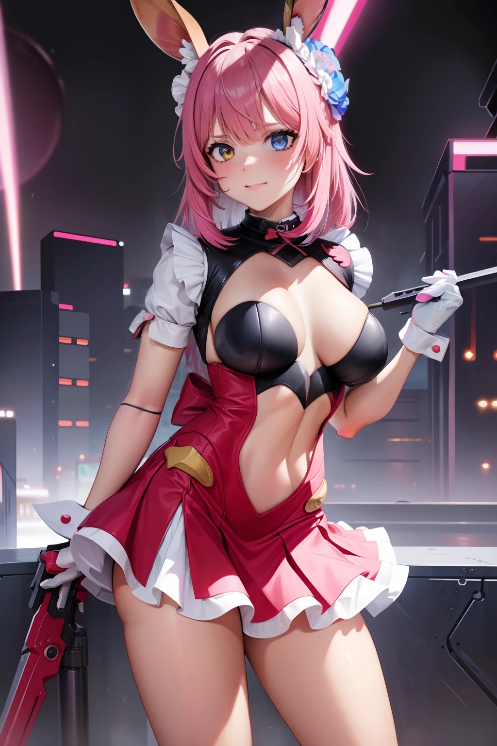 masterpiece, best quality, highres, nm1, cyberpunk maid dress, short skirt, rabbit ears, cowboy shot, standing, colorful hair