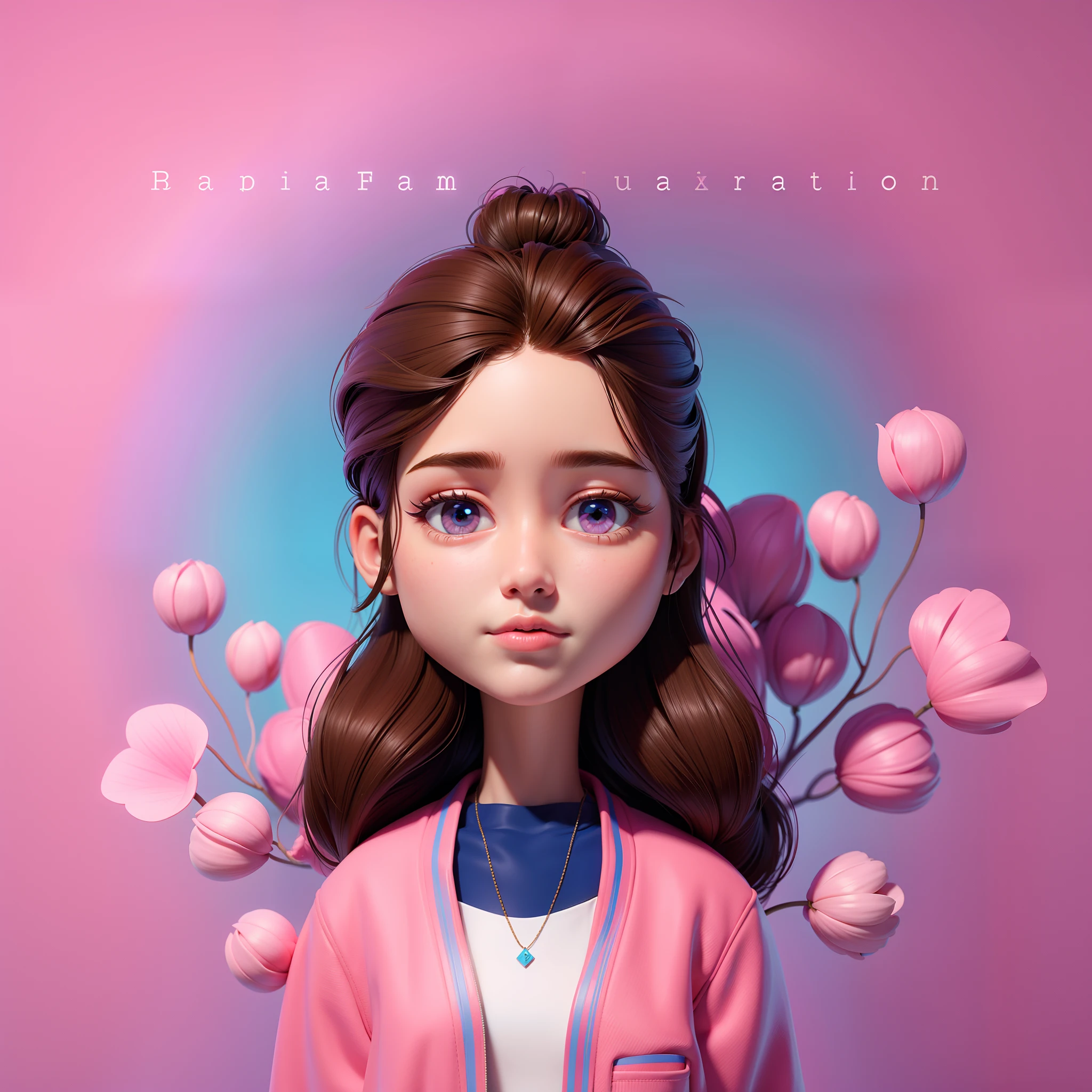 Girl with brown hair and pink jacket with blue flowers, 3D style illustration, portrait illustration,
