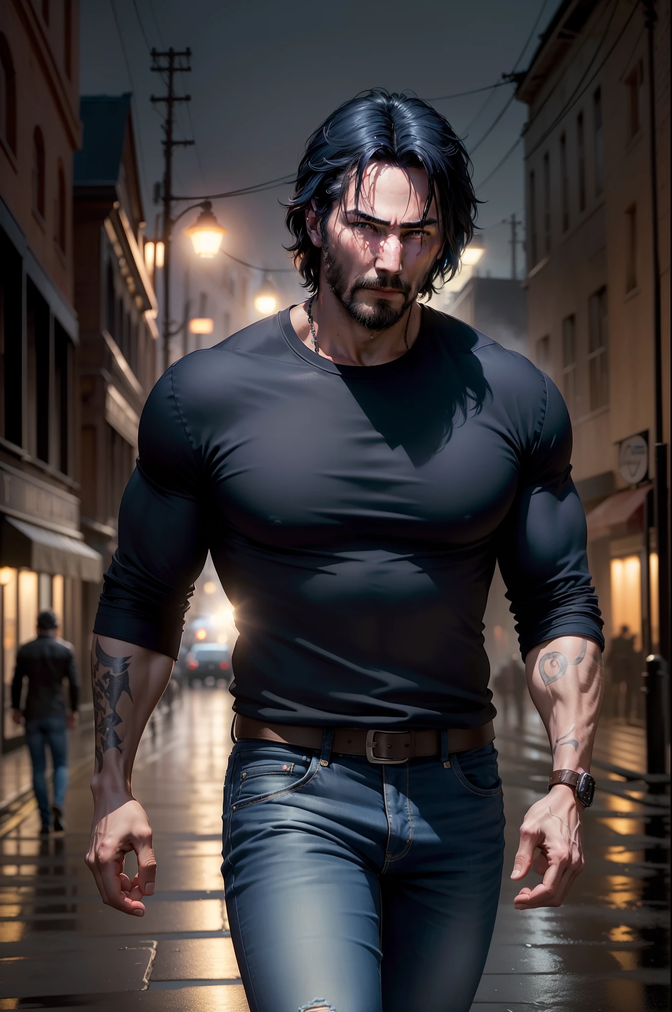 (the year is 2023), dark midnight moonlight backlight fog (masterpiece:1.2) (illustration:1.2) (best quality) (detailed) (intricate) (8k) (HDR) (wallpaper) (cinematic lighting) (sharp focus) one, solo, alone, father (Keanu reeves) (white t-shirt and blue jeans) (rushing to fined his kids), horror, creepy, fall weather, fire, rain, fog, smoke, background of a small town, fighting demons