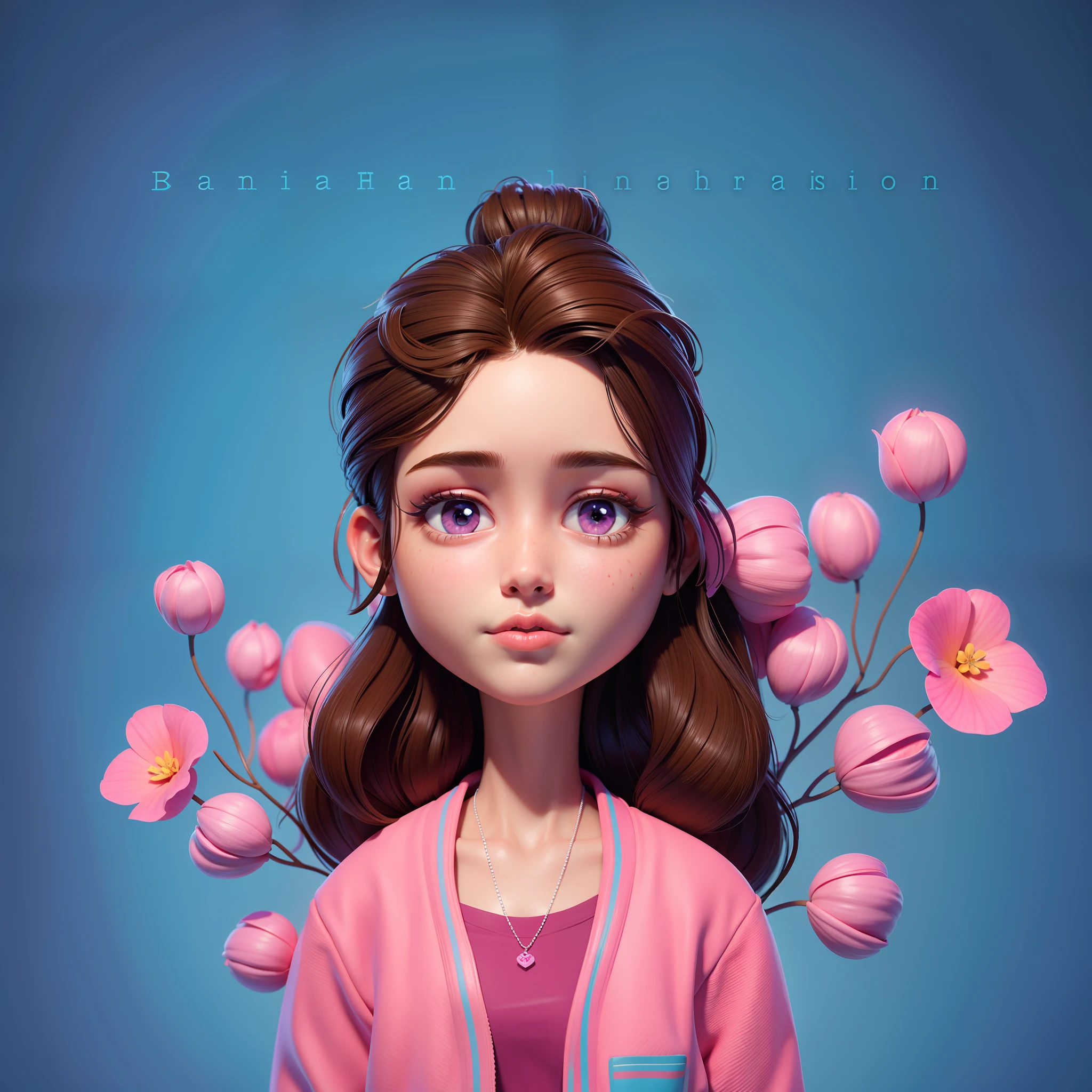 Girl with brown hair and pink jacket with blue flowers, 3D style illustration, portrait illustration,