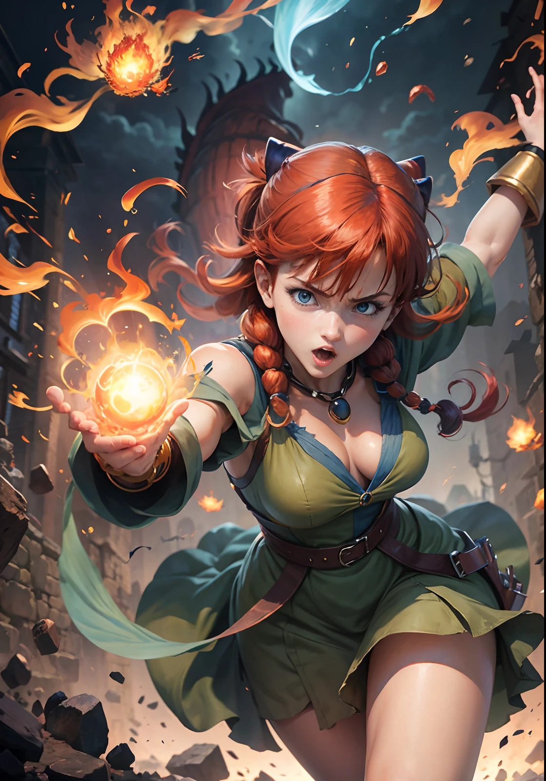 Dragon quest、Redhead bangs all back、Twin-tailed、Sorcerer、Unleash a fireball、huge-breasted、Blue shirt、long skirt、battle action