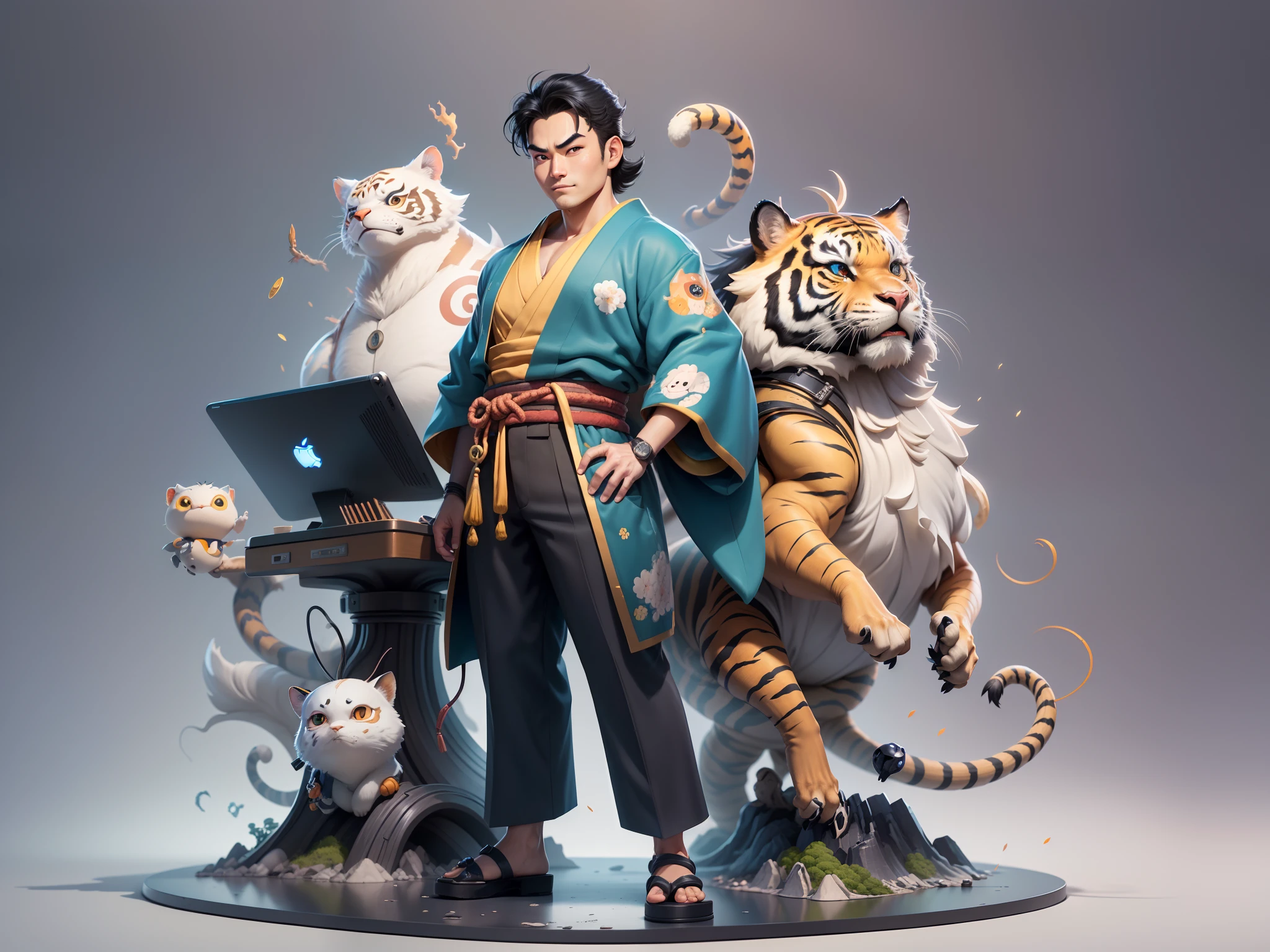 (Masterpiece), (Excellent), (Super Meticulous), (Full Body: 1.2), Super Young Man, Oriental Face, Japanese Kimono, Japanese Wind Thunder God, Dragon, Tiger, TV Anchor, Bust Portrait Illustration, Alone, Black Suit, Blue Tie, Slightly Chubby Face, Very Clean Face, No Beard, Black Super Short Hair, Black Eyes, Confident Smile, 3c Computer Sub-Products, iPad, iPhone, Digital Painting, 3D Character Design by Akira Toriyama and Mark Claireden and Pixar and Hayao Miyazaki, The illustration is a high-definition illustration in 4K resolution with very detailed facial features and cartoon-style visuals.