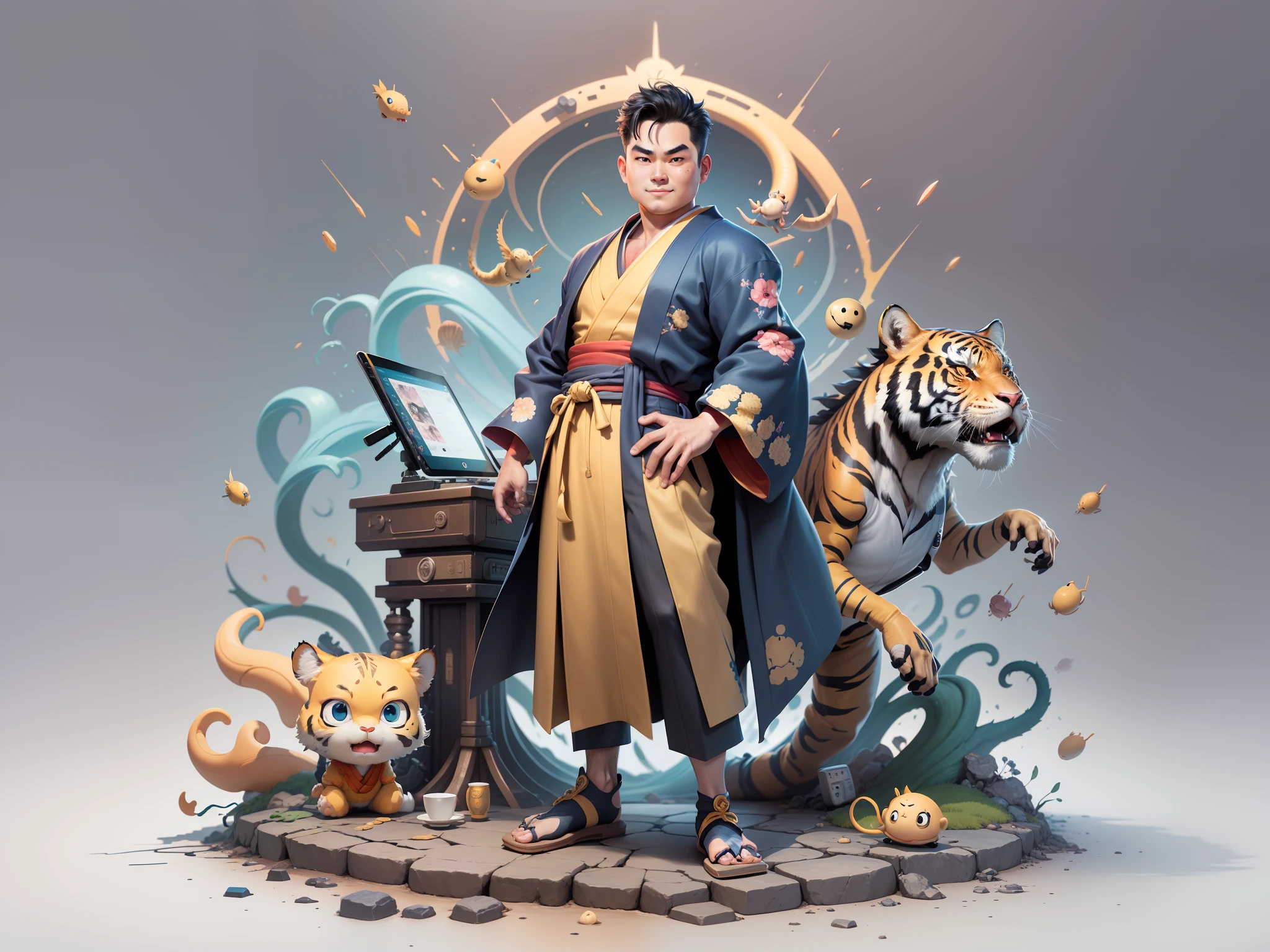 (Masterpiece), (Excellent), (Super Meticulous), (Full Body: 1.2), Super Young Man, Oriental Face, Japanese Kimono, Japanese Wind Thunder God, Dragon, Tiger, TV Anchor, Bust Portrait Illustration, Alone, Black Suit, Blue Tie, Slightly Chubby Face, Very Clean Face, No Beard, Black Super Short Hair, Black Eyes, Confident Smile, 3c Computer Sub-Products, iPad, iPhone, Digital Painting, 3D Character Design by Akira Toriyama and Mark Claireden and Pixar and Hayao Miyazaki, The illustration is a high-definition illustration in 4K resolution with very detailed facial features and cartoon-style visuals.