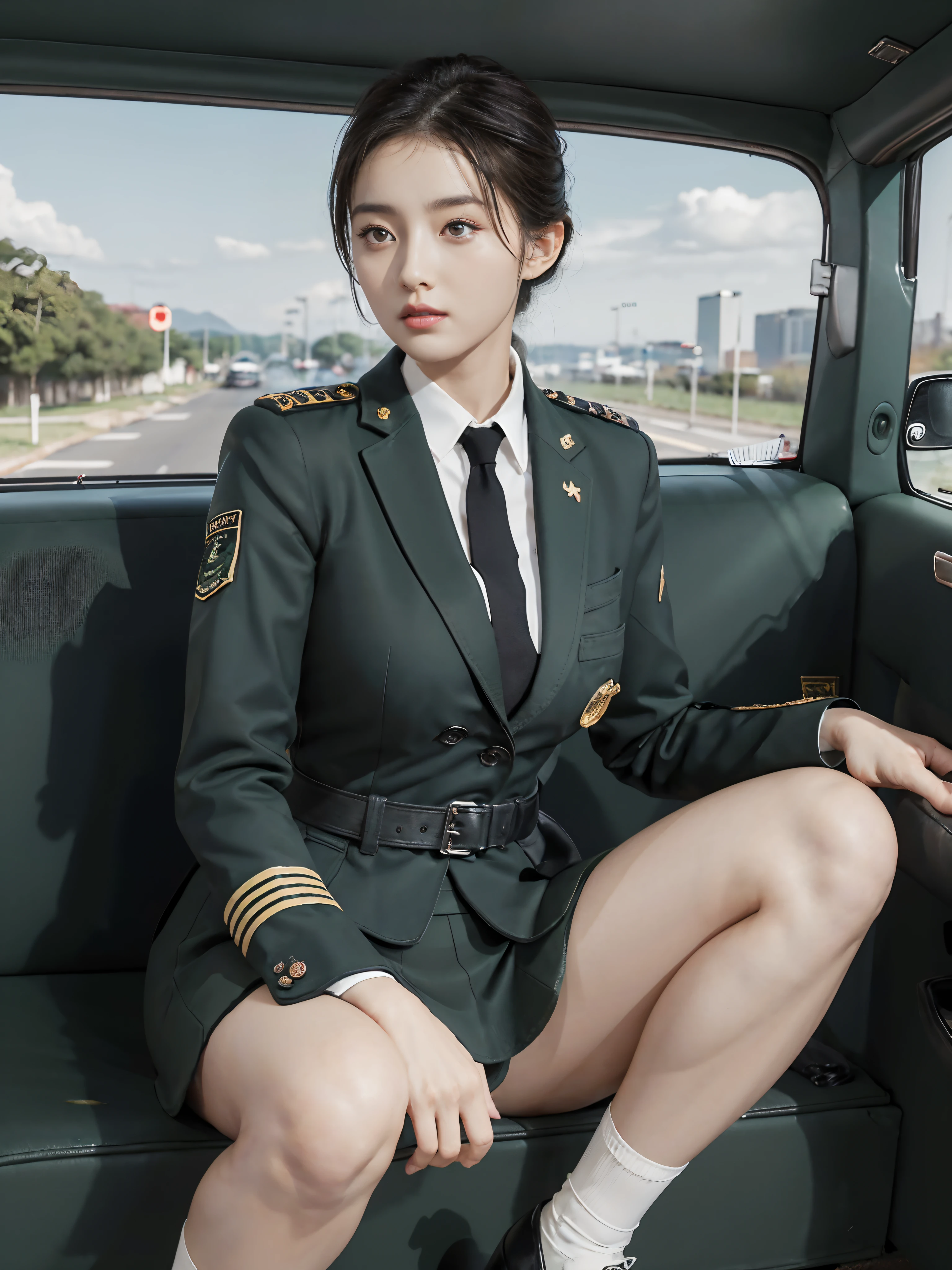Very detailed CG unity 8K wallpaper，（tmasterpiece），（best qualtiy），（ultra - detailed），（Ultra photo realsisim），（best character detail：1.36），Nikon D750 f / 1.4 55mm，profesional lighting， physically-based renderingt, 1girll, Female soldier，army suit，Green military uniform，Fabric texture military uniform，Pure white lining，Dark green tie，Army green skirt，military hat，Black hair，the golden ratio,[:(com rosto detalhado:1.2):0.2]:,PureErosFace_V1, broad shoulder,(Bigchest:1.5),(big assa:1.5)，Wide buttock ，Bare legged，Plump legs，Move the center of gravity back，Squat on the grass，Spread your legs apart，whitestocking，Small black leather shoes，hands lying on thighs，Soaked with sweat，red flags，At the cafe，Night Street，bright sun，Look at the audience from the front，Bright smile，White teeth，lighting，Contre-Jour，
