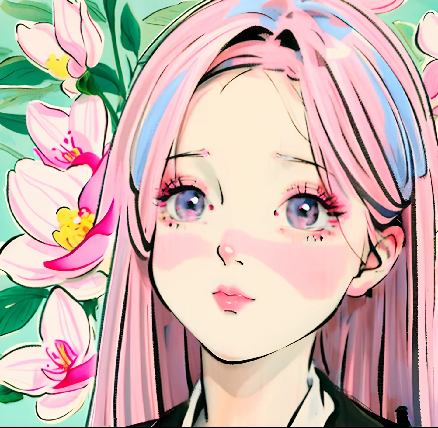 cartoon girl with pink hair holding a flower in her hand, girl with a flower face, cute natural anime face, soft anime illustration, cute kawaii girl, her face is a mauve flower, cartoonish cute, cute anime face, holding a flower, her face looks like an orchid, she has a cute face, she has a cute expressive face