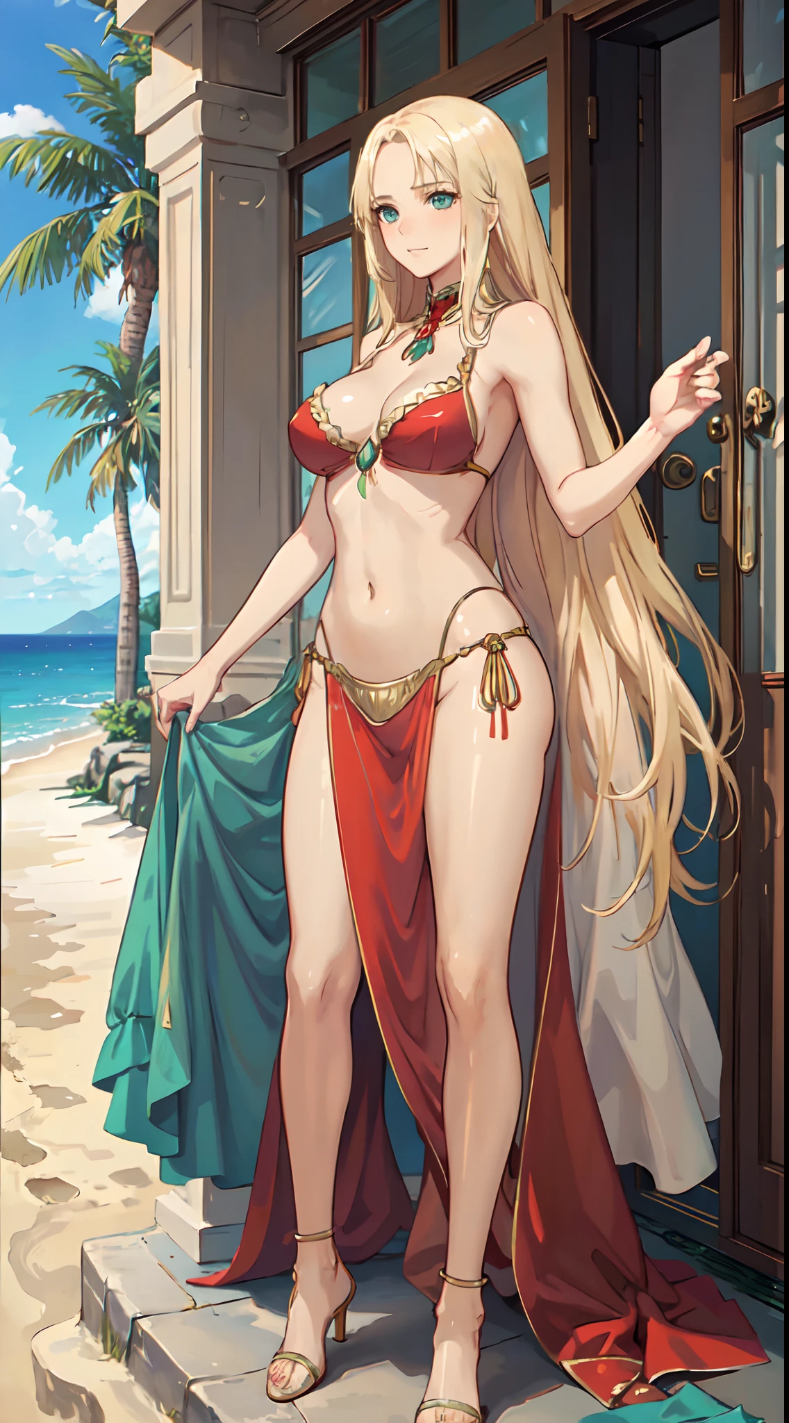 blonde hair, long hair, green eyes, with leg opened and an enticing beach pose, wearing a elegant red gown that shows off her navel, resembling an Arabian belly dancer. She has a short trimmed skirt and her flowing blonde hair is styled in a side ponytail. Her captivating blue eyes exude happiness, while her outfit highlights her alluring cleavage, happy