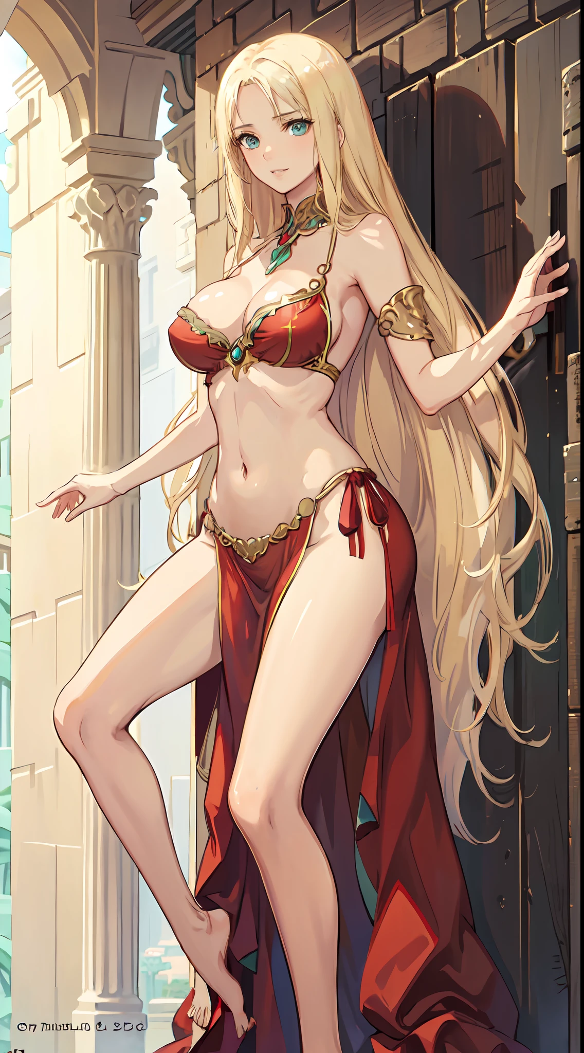 blonde hair, long hair, green eyes, with leg opened and an enticing beach pose, wearing a elegant red gown that shows off her navel, resembling an Arabian belly dancer. She has a short trimmed skirt and her flowing blonde hair is styled in a side ponytail. Her captivating blue eyes exude happiness, while her outfit highlights her alluring cleavage, happy