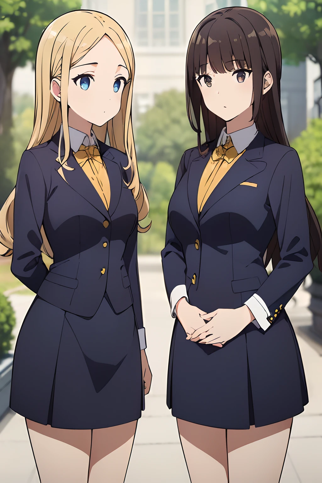 ((masterpiece, best quality, 8k, highres:1.2)), blue skirt suit, highleg, hazel eyes, yellow blazer, medium breasts, yellow pencil skirt, bare legs, black high heels, (brown hair, curly hair, long hair), (2girls, duo, twins, clones), ((matching hairstyles, matching faces, matching outfits))