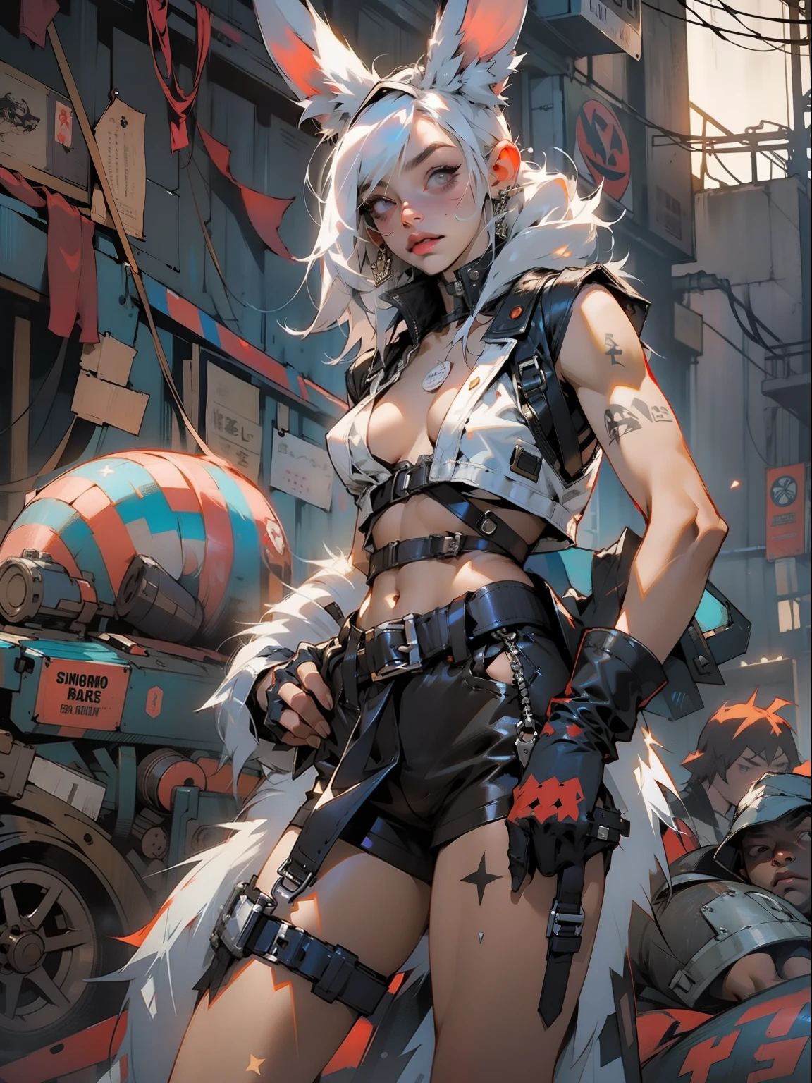nijistyle, (((woman's))), (((Best Quality))), (((Master Part))), (((grown up))), Post-apocalyptic punk, Bunny, Furry, anthropomorphic, Demon Rabbit, half-human, Rabbit Woman, white fur, white wool,, Furry, Black tattoos, ear piercings, bunny ears, long ears, Black Eyes, black sclera, Hand with steel gloves and metal tips, (( Stars under the chest )), nearly naked, Simon Beasley's style for comic book cover "Brooklyn Gladiator", The pose is sensual, scantily clad, nearly naked, Destroyed clothes, Metal chains and stars, leather jacket, Frontal angle ( Best Quality), (absurdes), the perfect body, Sex scene, Multicolored Iroquois, Background with the ruined city