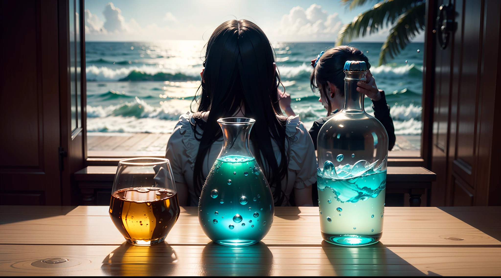 "Ultra-realistic 8k 3D rendering of a vibrant multicolored bottle, glass, and water product design with dynamic magnificent splashes. The scene features one boy and two girls in a mansion, set against a stunning ocean background."
