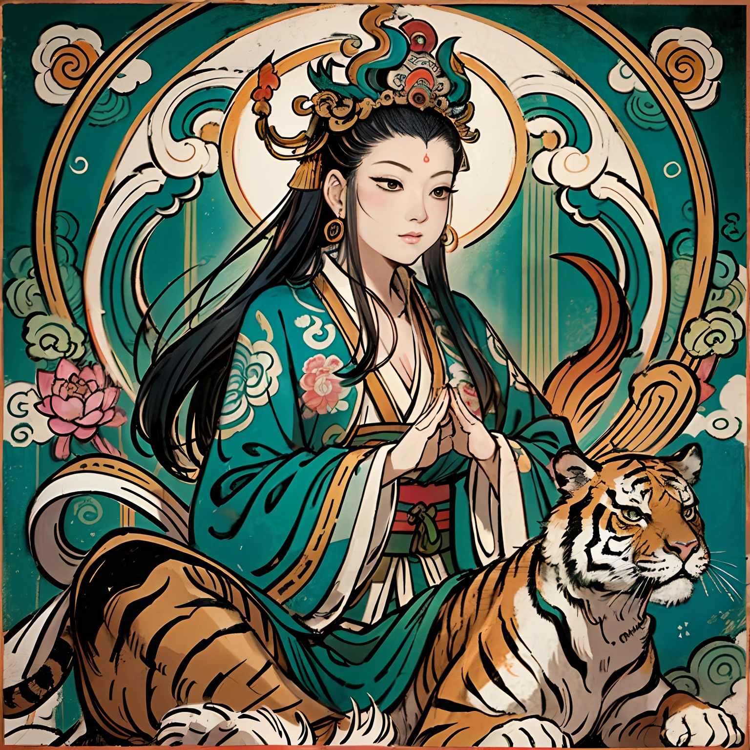 an ancient Chinese goddess, guanyin of the southern seas, Guanyin, Inspired by India, Avalokiteshvara rides a tiger,,Serene expression,shui mo hua,Buddha,Buddhist,Lotus,Chinese painting style,Thangka style