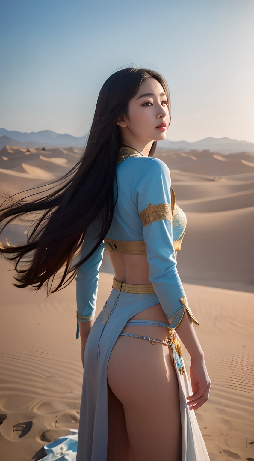 1girll,Dunhuang flying costume,Long messy hair,JI Jian,Dunhuang style,A lot of smoke,Exquisite,Elegant colors,(realisticlying,high detal,tmasterpiece,ultra - detailed,dynamic angle,Mural background,water ink,astounding,cinmatic lighting,illustratio,lightand shade contrast,The light from the back window is backlighted,God Ray,Netherlands,Best quality at best,Best quality at best,Guohuang desert background)