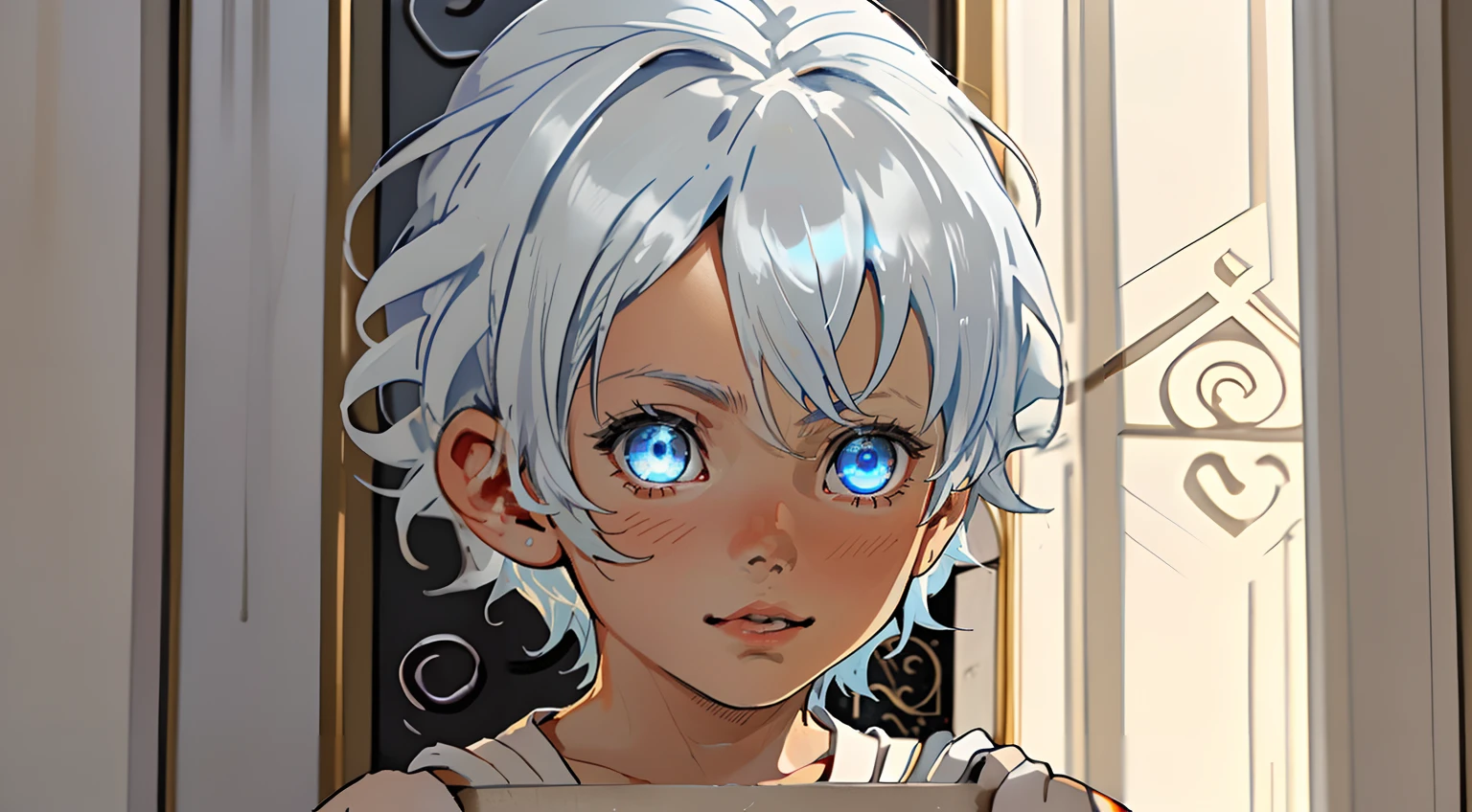 close-up, A baby boy 5 years old with white hair and blue eyes playing inside the royal palace, In ancient times, there is guard beside doors and Torches on the walls
