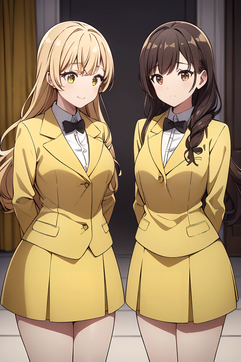 ((masterpiece, best quality, 8k, highres:1.2)), yellow uniform, highleg, hazel eyes, yellow blazer, medium breasts, yellow pencil skirt, bare legs, black high heels, (brown hair, curly hair, long hair), (2girls, duo, twins, clones), ((matching hairstyles, matching faces, matching outfits))