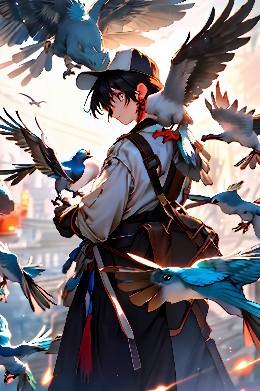 girl, letterboxed, holding, outdoors, bird, standing, cloud, 1boy, weapon, from behind, sky, cloudy sky, animal, holding weapon, eastern dragon, monster, 1other, hat, fog,
