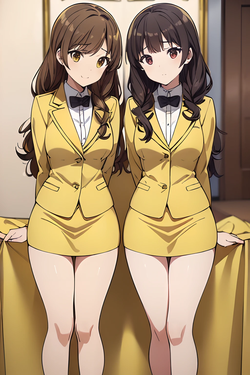 ((masterpiece, best quality, 8k, highres:1.2)), yellow uniform, highleg, hazel eyes, yellow blazer, medium breasts, yellow pencil skirt, bare legs, black high heels, (brown hair, curly hair, long hair), (2girls, duo, twins, clones), ((matching hairstyles, matching faces, matching outfits))