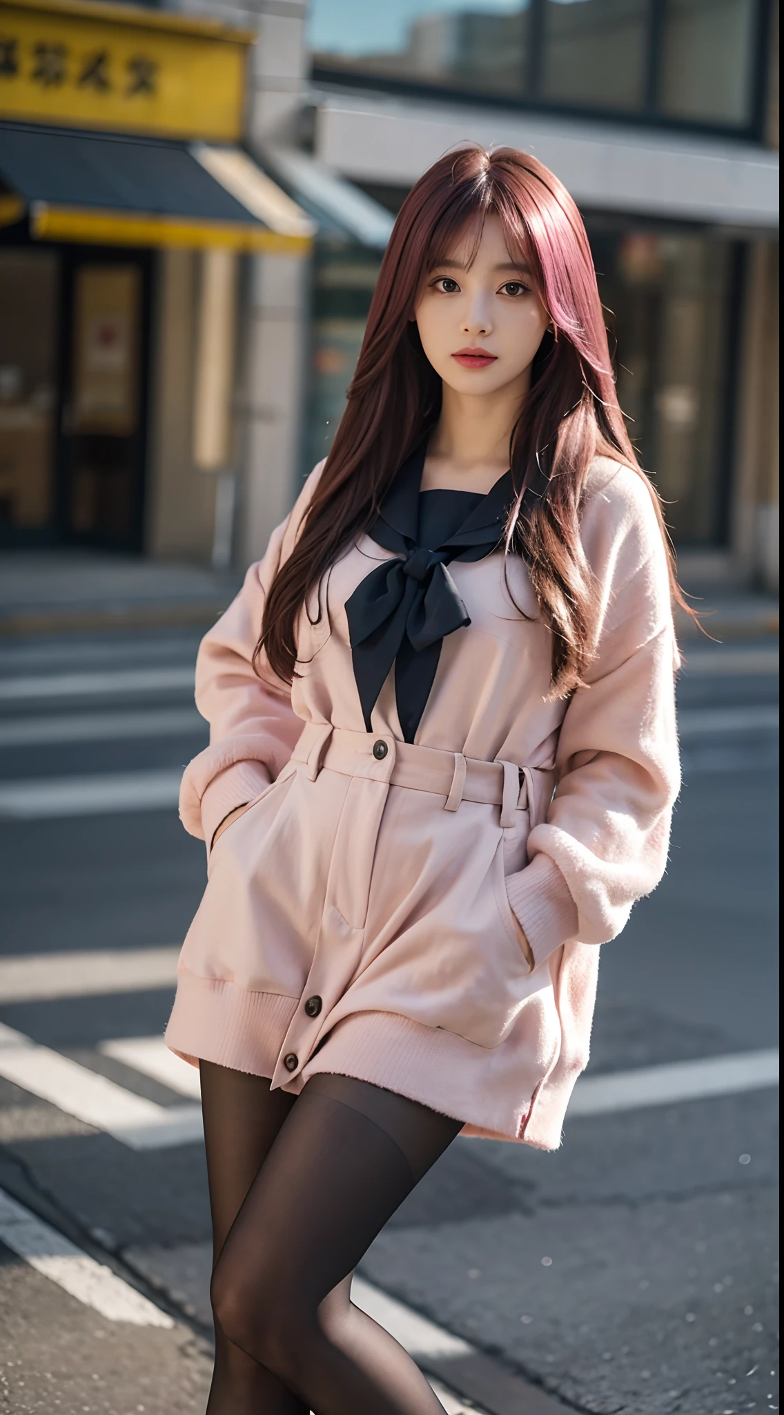Camera shot，Faraway view，shooting full body，Full body photo，A high resolution，Extreme detail，16k，one-girl，Exquisite and perfect facial features，with a round face，Big sweet eyes with lying silkworms，Extremely precise body structure，（Sailor school uniform：1.25），（（pleatedskirt）），（Covers the full leg black pantyhose：1.2），（Detal Face：1.2）：0.2，RAW photogr，（tmasterpiece），（best qualtiy），high rise，（photorealestic，photographrealistic：1.2）），ultra - detailed，physically-based renderingt，1girll，Air bangs，long whitr hair，（deep pink hair），wavey hair，Hosiery，Bust photo
