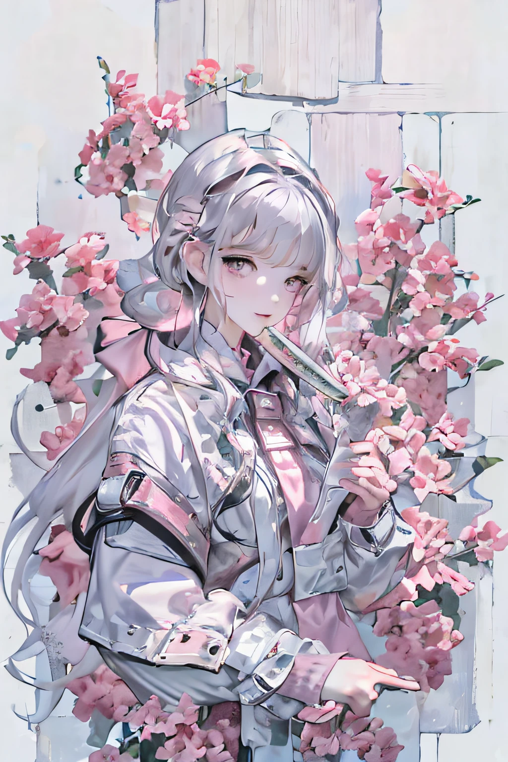 8K, Masterpiece, Best quality, Night, full moon, 1 girl, , Mature woman, sister, Silver white long haired woman, Light pink lips, calm, Logical, bangs, Gray pupils,, Fan, Knife fan, petal dancing, Delicate face,Modern background