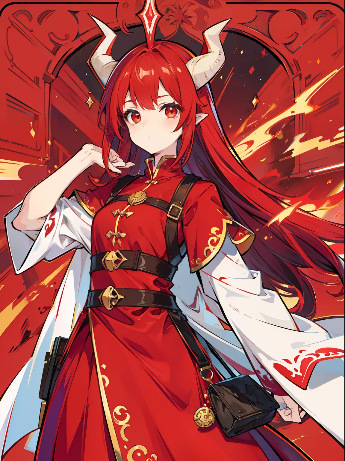 redheadwear，Dragon Lady，There are dragon horns on the head，Dressed in a red dress，solo person