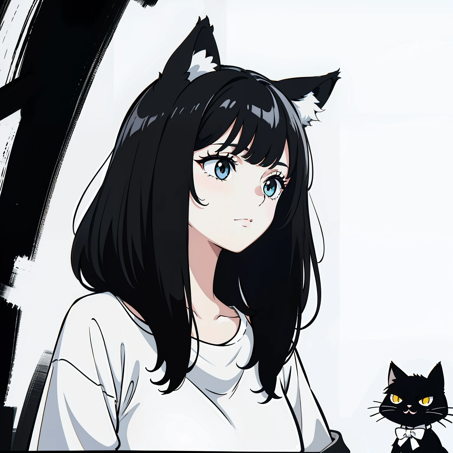 Nonchalant expression, black and white, disheveled fringe, medium messy hair, alluring look, black and white,Black and white painting,White background,Side Face,Cat Ear,Cheerful
