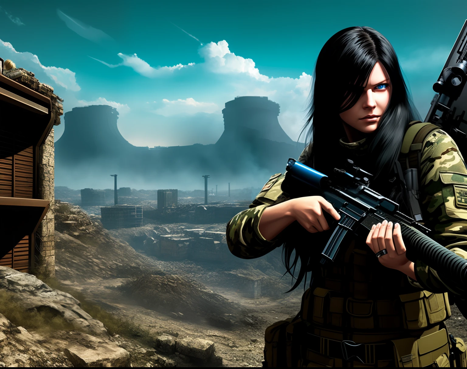 A 30-year-old woman with long black hair and blue eyes wearing camouflage with a sniper rifle, postapocalypse, dungeon, Art Realism, higly detailed