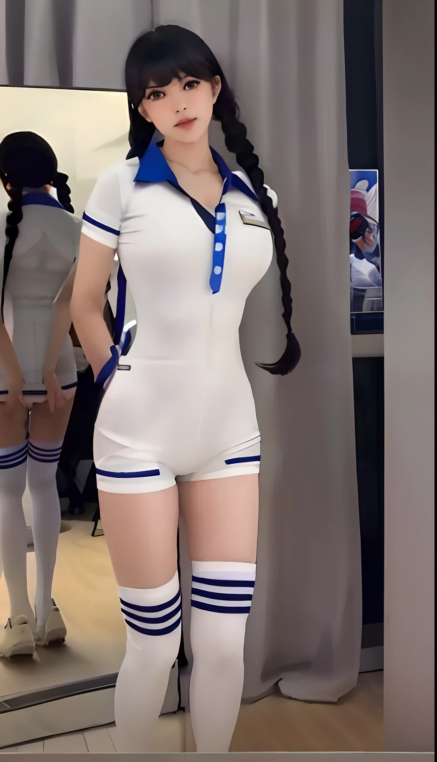 there is a woman in uniform posing for a picture, smooth white tight clothes suit, wearing white straitjacket, tight costume, cute girl wearing tank suit, girl in uniform, in school uniform, wearing a tights, Surrealism female students, very sexy outfit, White uniform, tight attire, Sexy outfit, magic school uniform,semi transparent