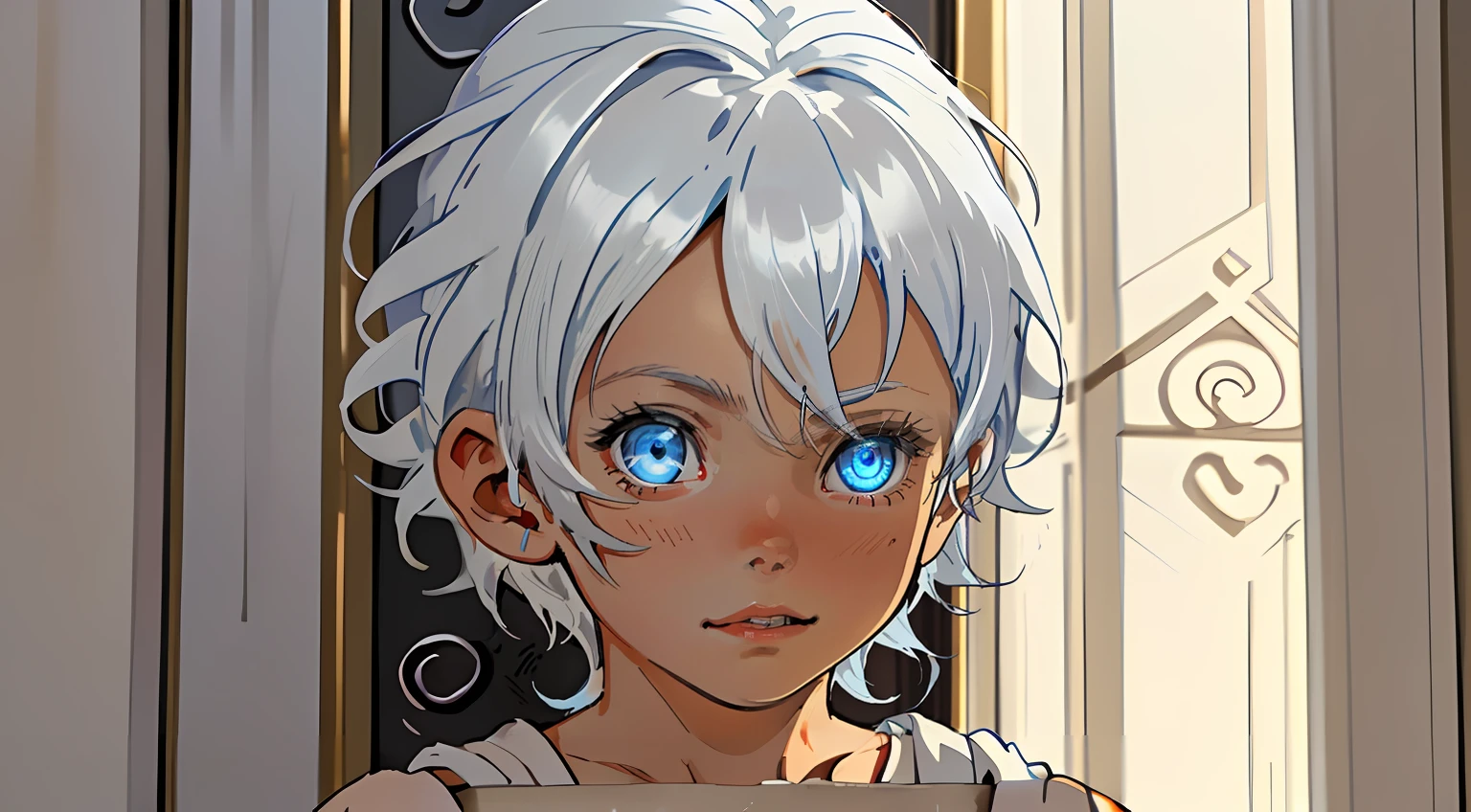 close-up, A baby boy with white hair and blue eyes playing inside the royal palace, In ancient times, there is guard beside doors and Torches on the walls