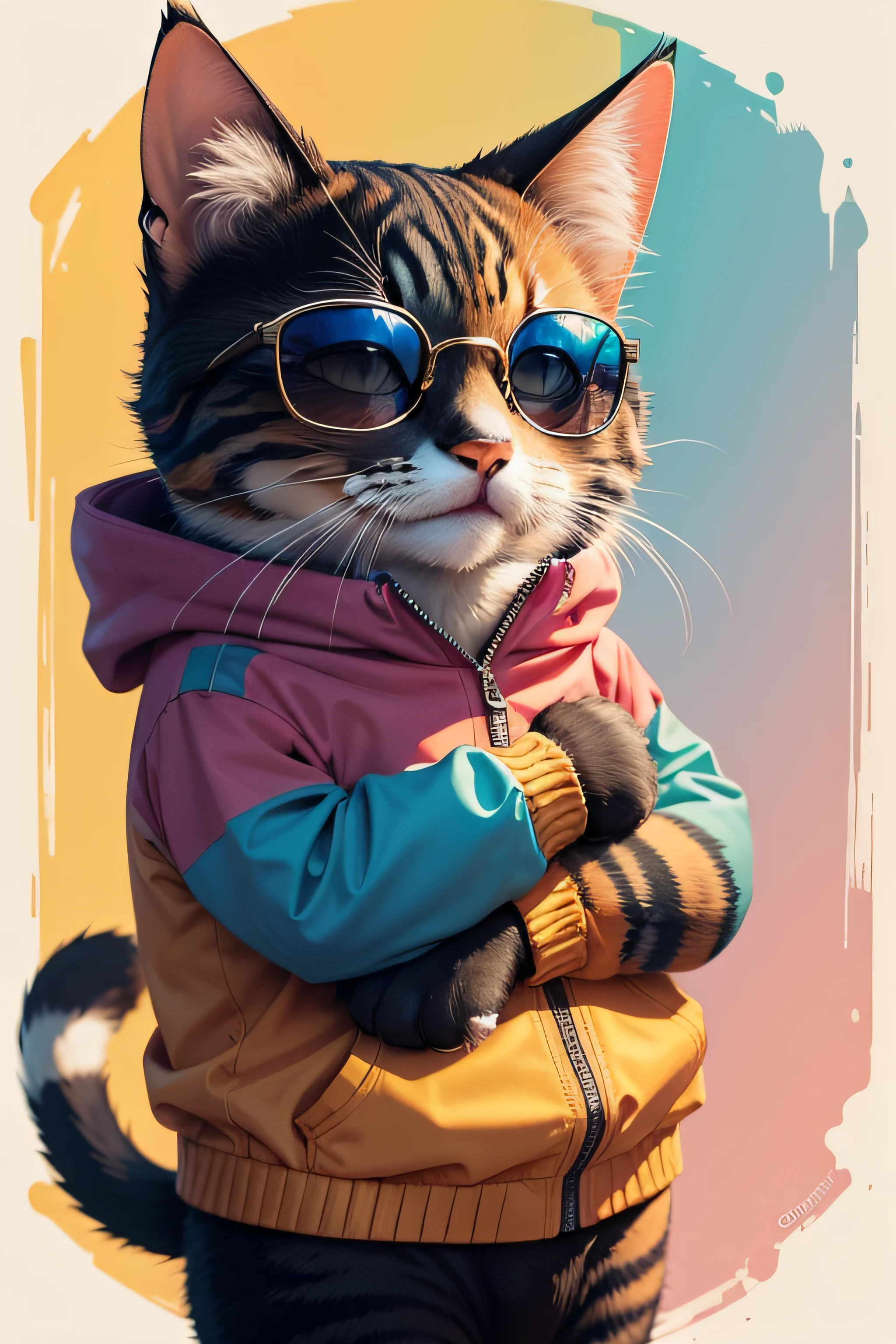 A caramel colored female cat, wearing sunglasses and a sweatshirt