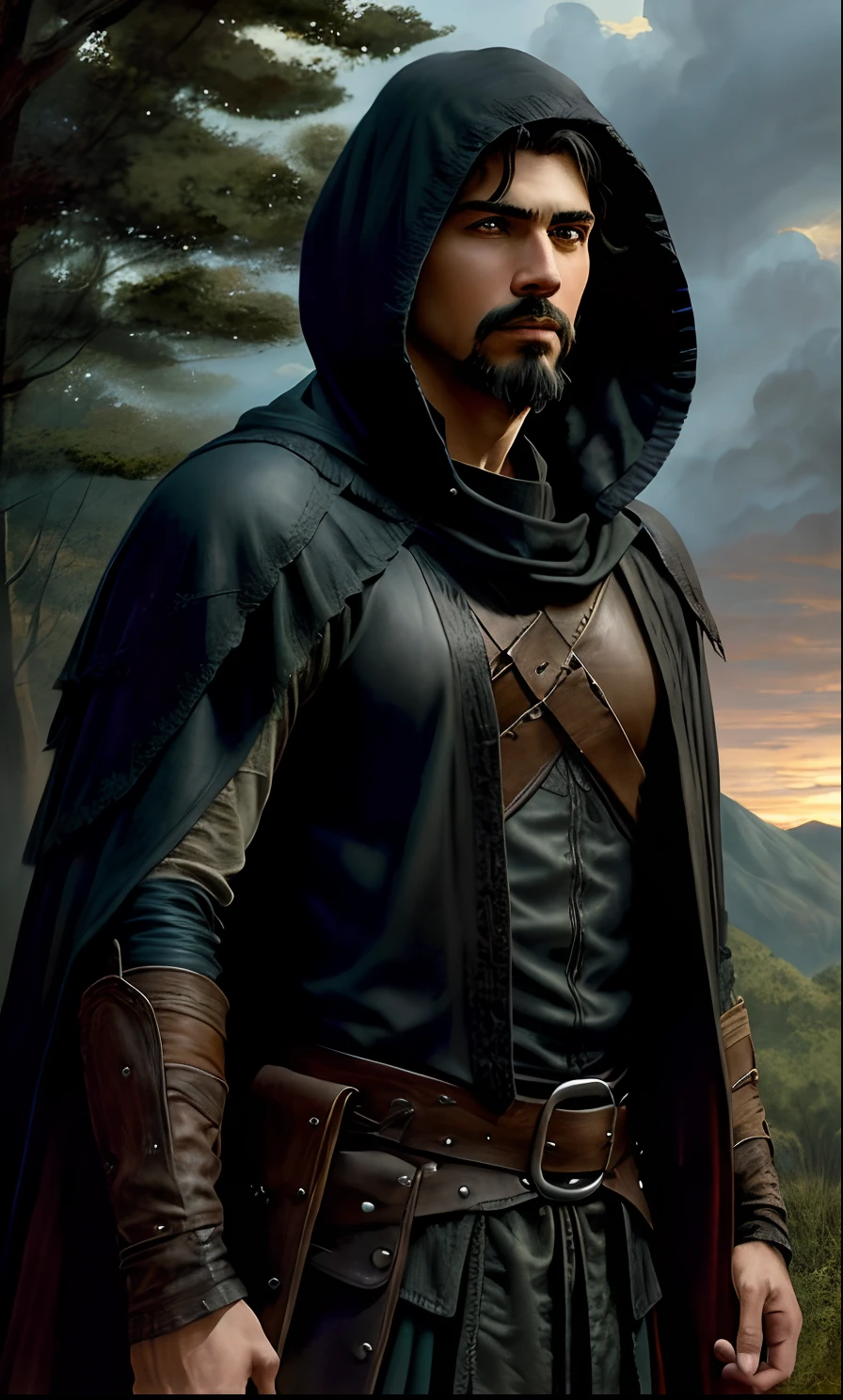 Um mago homem medieval com capa preta, ambiente medieval, capa preta