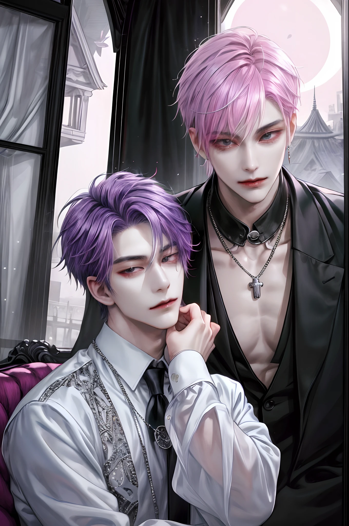 masterpiece, top-quality, 2Others, a couple, 1 man and 1,, Adults, Height difference, different fashion, different color, finely eye and detailed face, intricate detailes, Casual clothing, Oversized shirt, Modern urban streets, Hands on back, A smile, Happiness, tenderness, queers, high-level image quality、2a person々 beautiful male、tall、hug from behind、Trying to kiss、window、nightfall、nighttime scene、𝓡𝓸𝓶𝓪𝓷𝓽𝓲𝓬、Korean Male, Idol Photos, k pop, Professional Photos, Vampires, Korean fashion in black and white, At Fed Man with Necklace, inspired by Sim Sa-jeong, androgynous vampire, :9 detailed face: 8, extra detailed face, detailed punk hair, ((asa)) baggy eyes, Seductive. Highly detailed, semi realistic anime, Vampires, hyperrealistic teen, delicate androgynous prince, imvu, short hair above the ears, Two Men With Short Hair, A man with a glaring expression and a man with a gentle expression, Man with bright purple hair and woman with pink hair