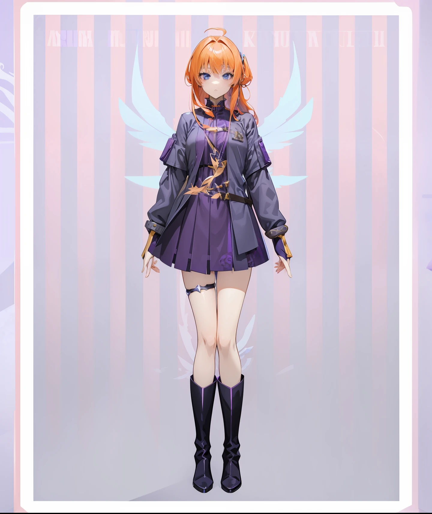 anime girl with angel wings and a purple dress and long boots, blue eyes and blonde with mix of orange hair, dress inspired by akane from akane ga kill purple, Gray half jacket to look cool on her dress, ornament on one leg, futuristic type band,!!full body portrait!!, full body adoptable, anime style character, single character full body,