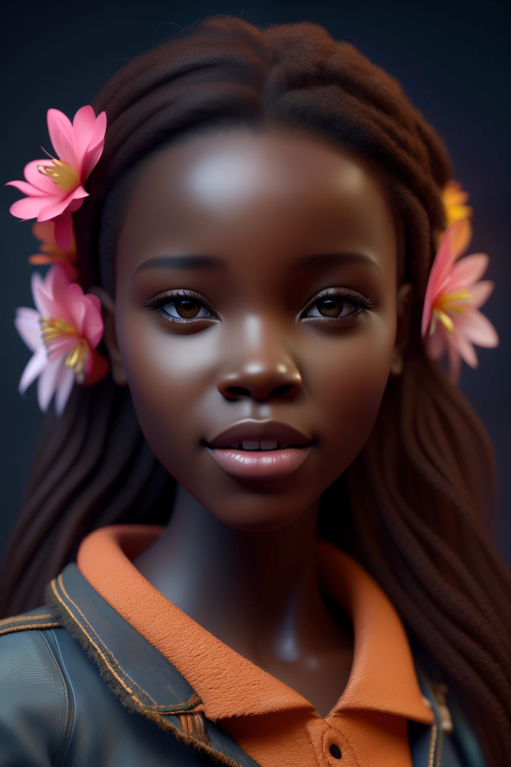 3D style realistic portrait of beautiful 9 African African baby girlark brown skin color)) in city street, with jumping happily, ((Playtoon)), cute smile, ((with flowers)), wearing T-shirt (((without print))), orange and jeans, shoes from current fashion, mega hair long curly hair, ((kanekalon)), (cinematic contour lighting), close-up, product preview, detailed facial details, perfect face, sharpness, trend art, sharp facial details, cgsociety , art very high quality digital, exquisite hyperdetail, 4k, 3D, 8k, chibi style, soft lighting, dreamy fashion