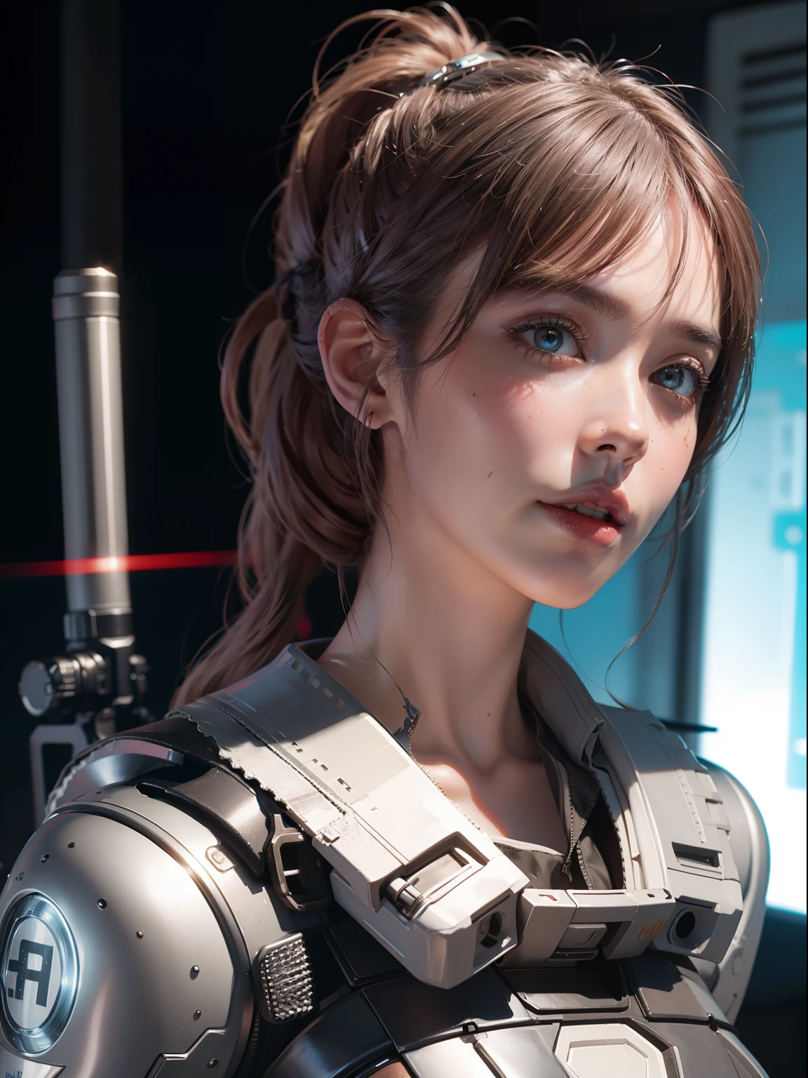 Best quality, super high resolution, beautiful girl as a doomsday killer, (holding very detailed futuristic technology firearms), very detailed hair, 1 girl, super resolution, very detailed face, very detailed light and shadow, ((full body)), with wires around the neck, (vista), realistic sci-fi cyberpunk power armored machine girl, close-up portrait film, 8k, HDR ((complex details, super detailed)), (Backlight: 1.3), (Movie: 1.3), (ArtStation: 1.3)