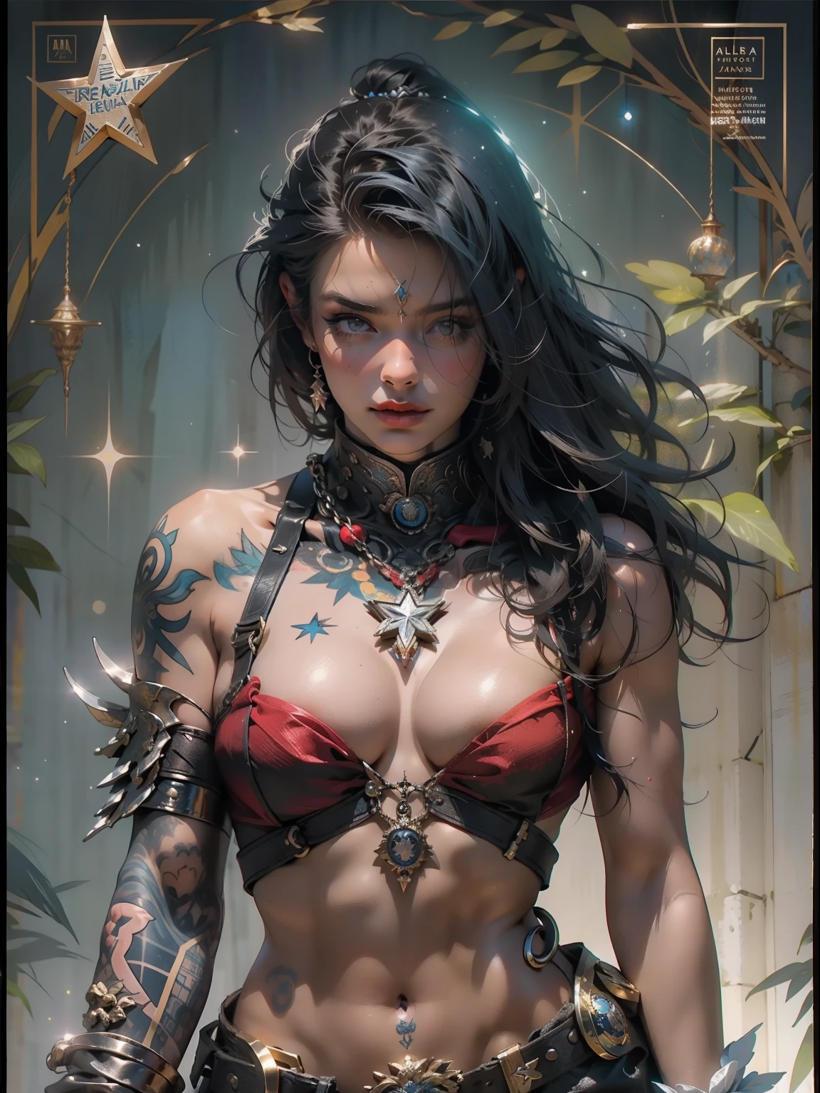 (((mulher))), (((melhor qualidade))), (((obra prima))), (((adulta))), Uma guerreira mulher de 35 anos com corpo perfeito, Brooklyn Gladiators, (( under boobs )), quase nua no estilo selvagem urbano de Simon Bisley para a capa da revista Heavy Metal, cabelo loiro, Minimum clothing, armadura (azul escuro com estrelas brancas e vermelho com listras brancas), cheio de pontas e rebites manchadas de tinta, tatuagem de estrelas de 5 pontas, (((corpo inteiro))), cabelo preto curto com franja branca cobrindo a testa