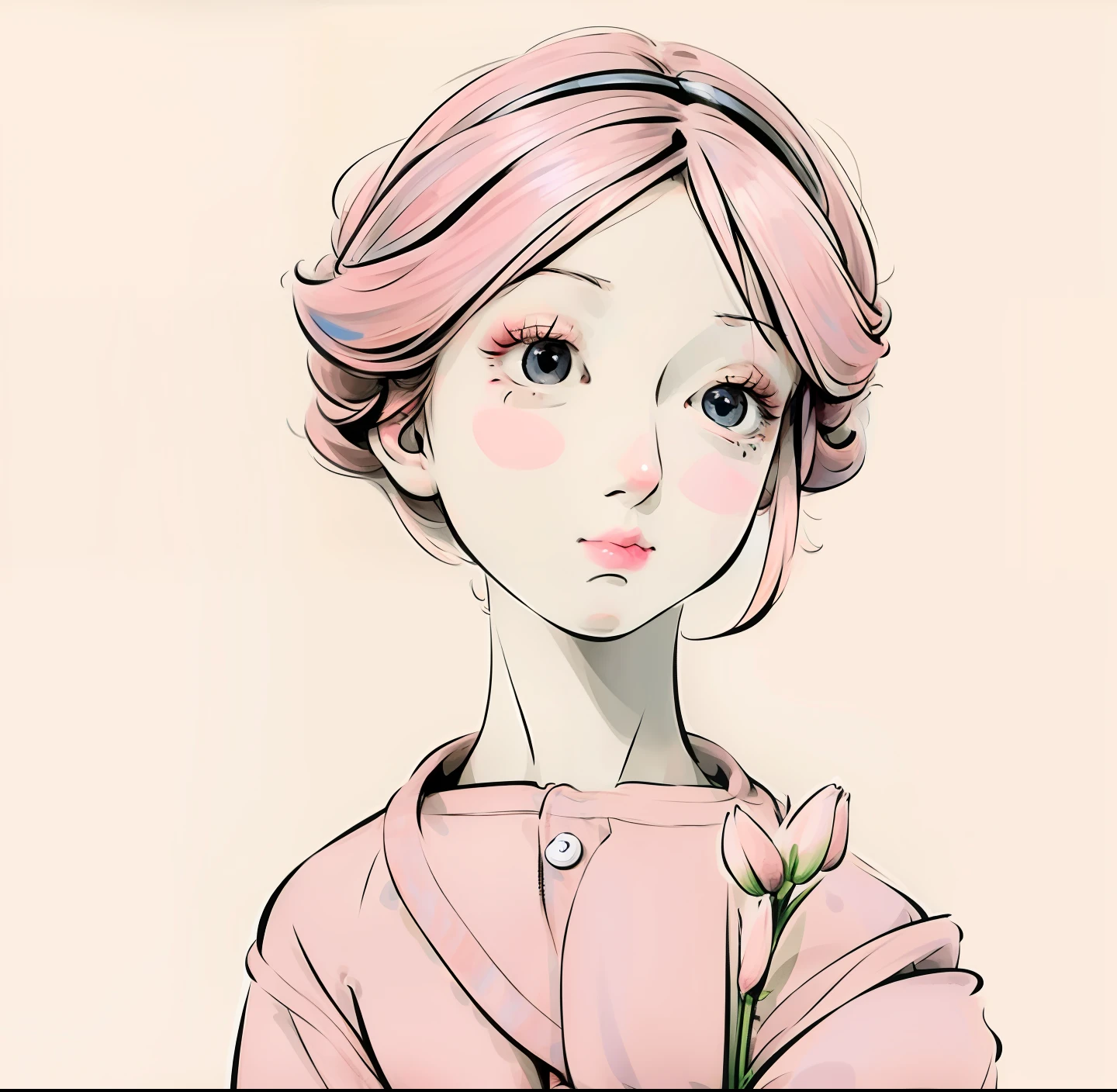 cartoon girl with pink hair holding a flower in her hand, standing, full body, girl with a flower face, cute natural anime face, soft anime illustration, cute kawaii girl, her face is a mauve flower, cartoonish cute, cute anime face, holding a flower, her face looks like an orchid, she has a cute face, she has a cute expressive face