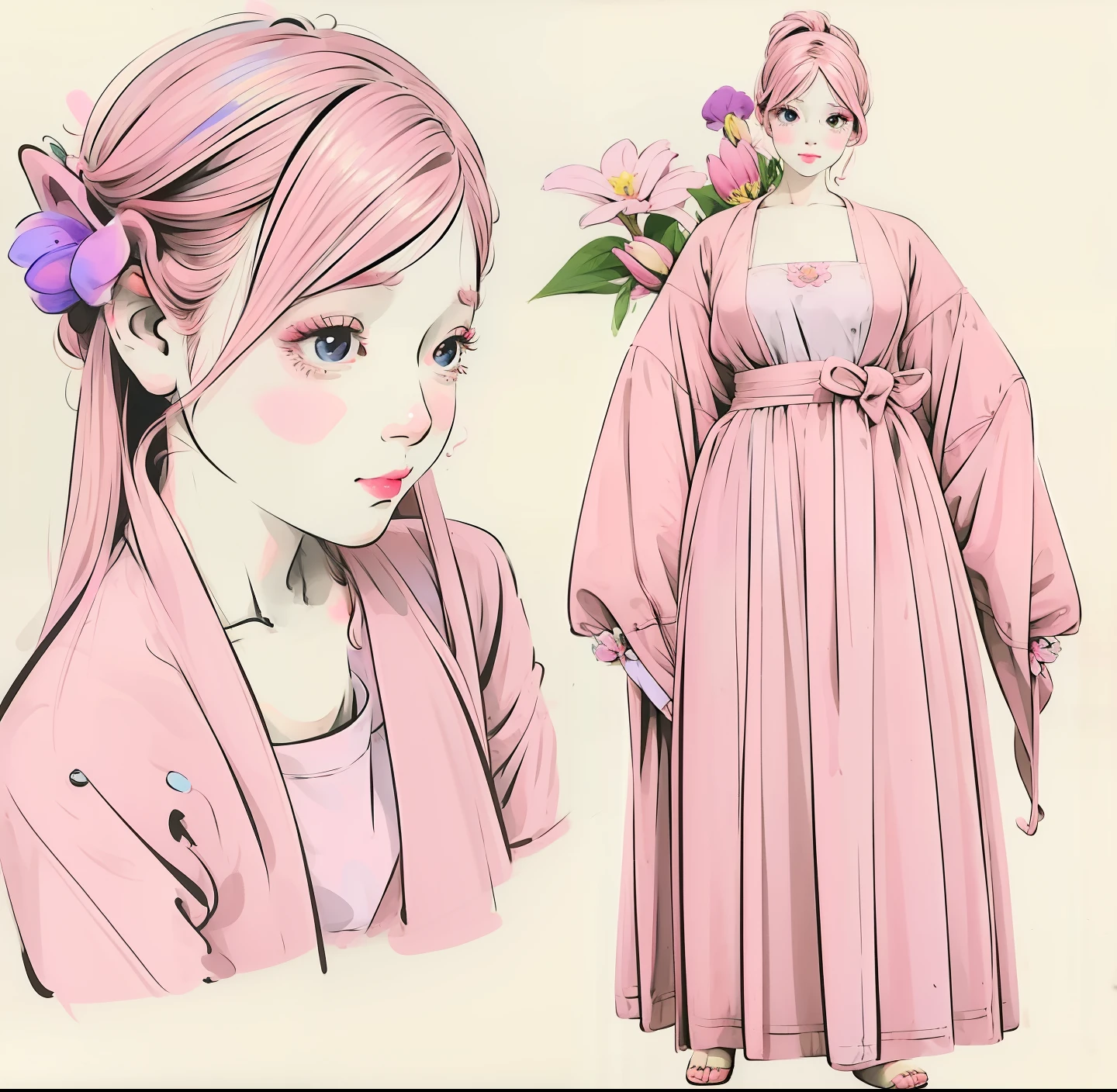 cartoon girl with pink hair holding a flower in her hand, standing, full body, girl with a flower face, cute natural anime face, soft anime illustration, cute kawaii girl, her face is a mauve flower, cartoonish cute, cute anime face, holding a flower, her face looks like an orchid, she has a cute face, she has a cute expressive face