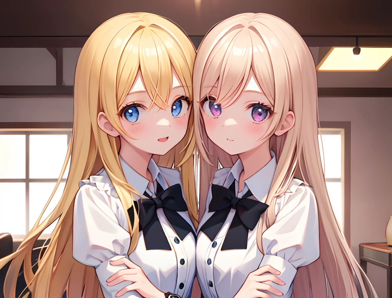 2 girls, masterpiec, Watch the best quality of the viewer, , indoor, Blonde hair, dress, Symmetrical_docking