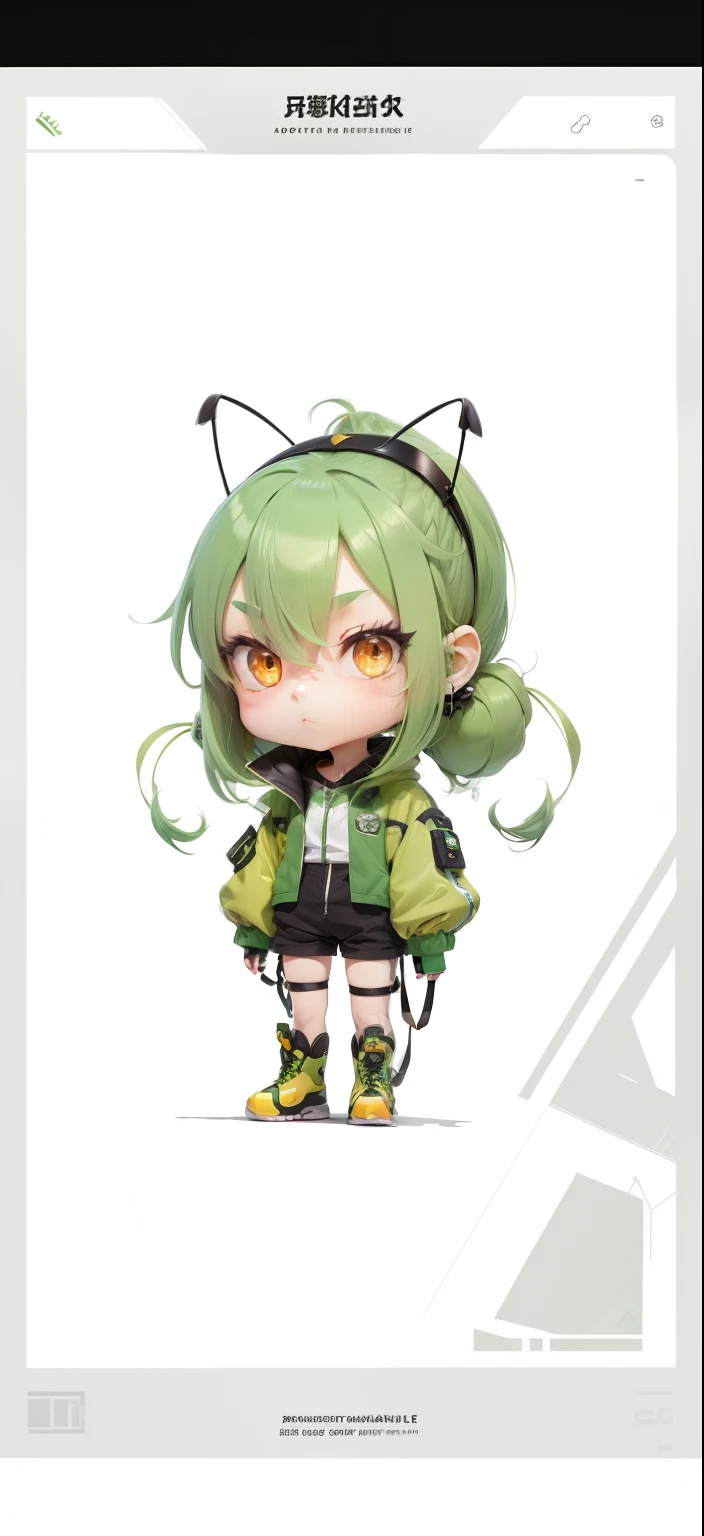 Green hair，cartoony，adolable，shoun，neuter，A pair of elongated antennae，Cockroach antennae，Orange eyes，Green transparent coat，Short double ponytail at the back of the head，Flat pupils，brown shorts