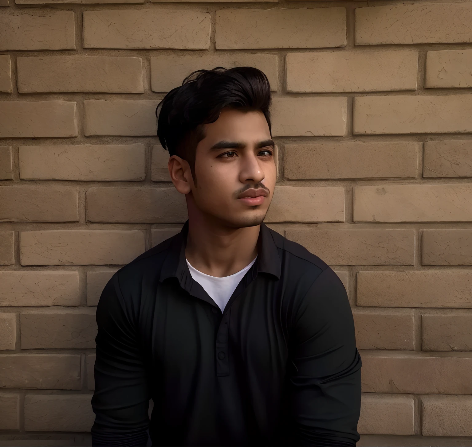 arafed man sitting against a brick wall with a black shirt, mohamed chahin, profile portrait, around 1 9 , riyahd cassiem, candid picture, inspired by Bikash Bhattacharjee, jayison devadas, with accurate face, nivanh chanthara, facebook profile picture, profile shot, profile pose