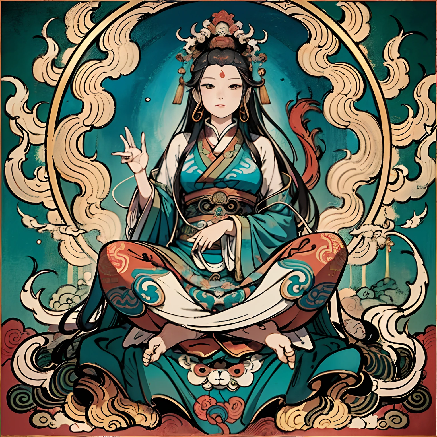 an ancient Chinese goddess, guanyin of the southern seas, Guanyin, Inspired by India, Avalokiteshvara rides a lion,,Serene expression,shui mo hua,Buddha,Buddhist,Lotus,Chinese painting style,Thangka style