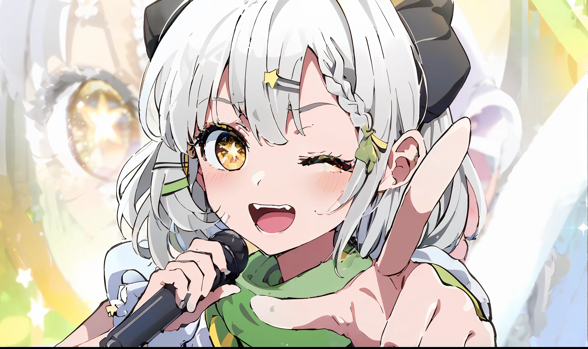 Masterpiece,Short hair,Shining eyes,(White idol costume),(Matcha scarf:1.5), Dance, Sing, brilliance, be on stage,Green hair accessories, Stage, striated hair, Radiant eyes, mitts, Sing with your mouth open,(((White hair))), ahoge,((((((french braid)))))),(((((Dark gray corners))))),(((((Yellow eyes))))),(Handheld black microphone),(Golden light ),face,eye_Focus,((Singing)),aiming at viewer,((Point one finger at the viewer)),Striped hair, (Star-shaped pupils:1.4),(One eye closed:1.4),((((Green hairpins)))),(Scars on the face )