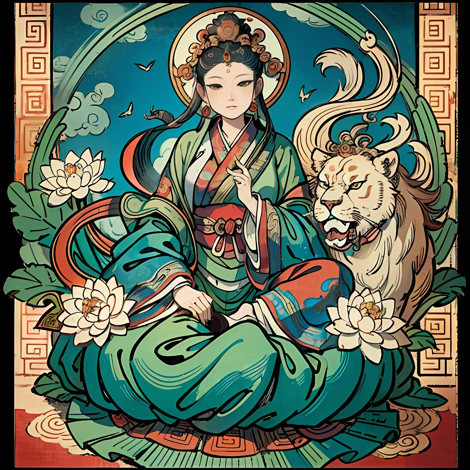 an ancient Chinese goddess, guanyin of the southern seas, Guanyin, Inspired by India, Avalokiteshvara rides a lion,,Serene expression,shui mo hua,Buddha,Buddhist,Lotus,Chinese painting style,Thangka style