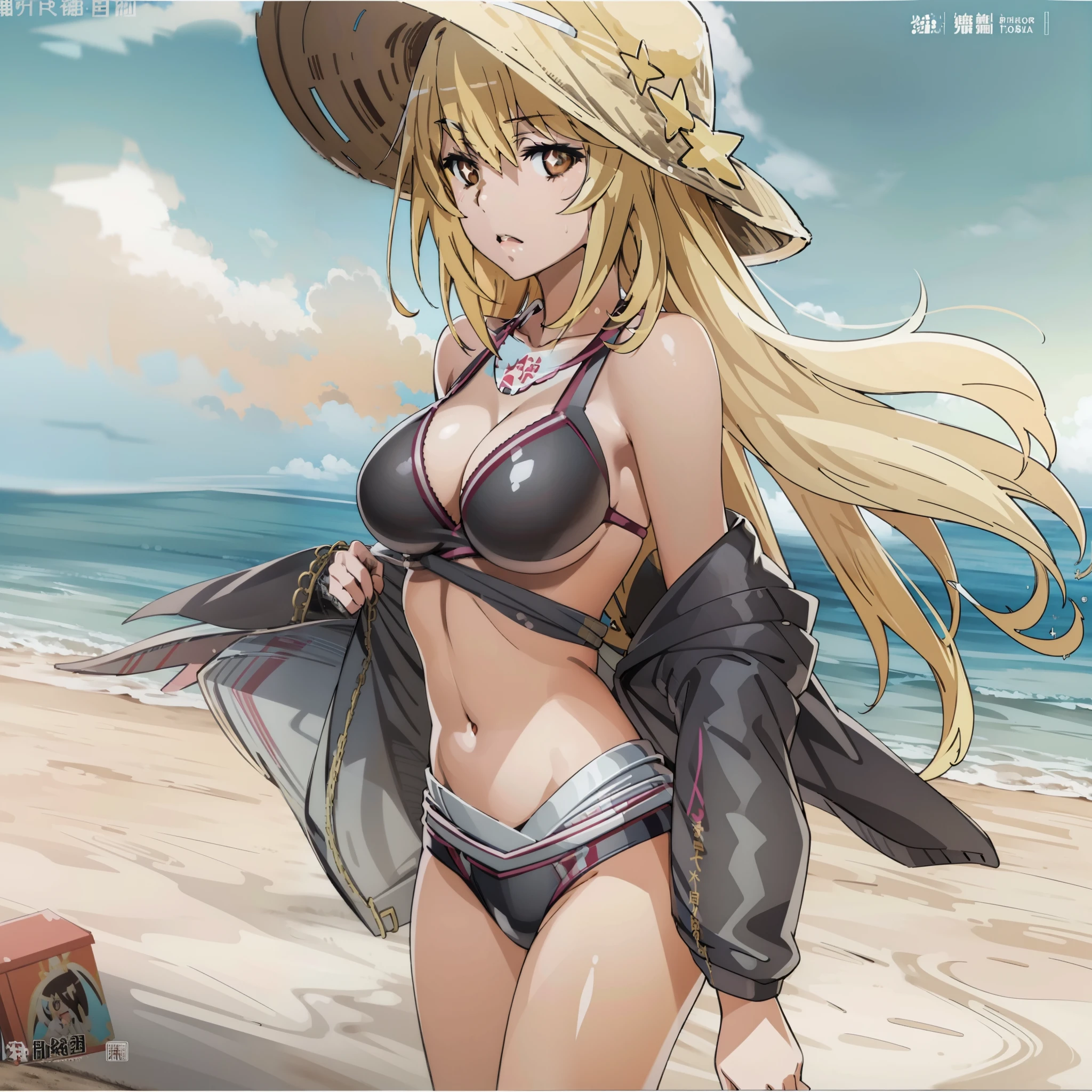 anime character in black bikini and hat standing on a beach, one beautiful blonde anime girl, by Jin Homura, makoto shinkai and artgerm, kantai collection style, ecchi anime style, anime girls, range murata and artgerm, anime poster, anime moe artstyle, twintails, at pixiv, anime painting