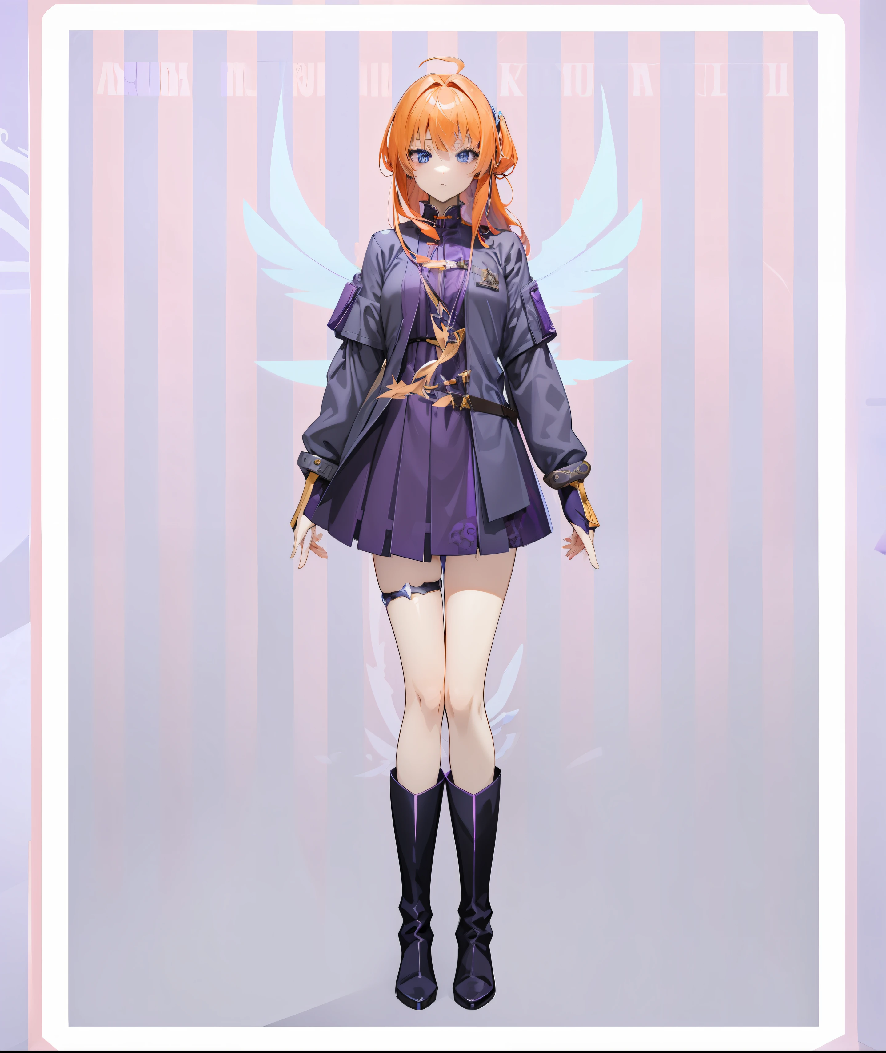 anime girl with angel wings and a purple dress and long boots, blue eyes and blonde with mix of orange hair, dress inspired by akane from akane ga kill purple, Gray half jacket to look cool on her dress, ornament on one leg, futuristic type band,!!full body portrait!!, full body adoptable, anime style character, single character full body,