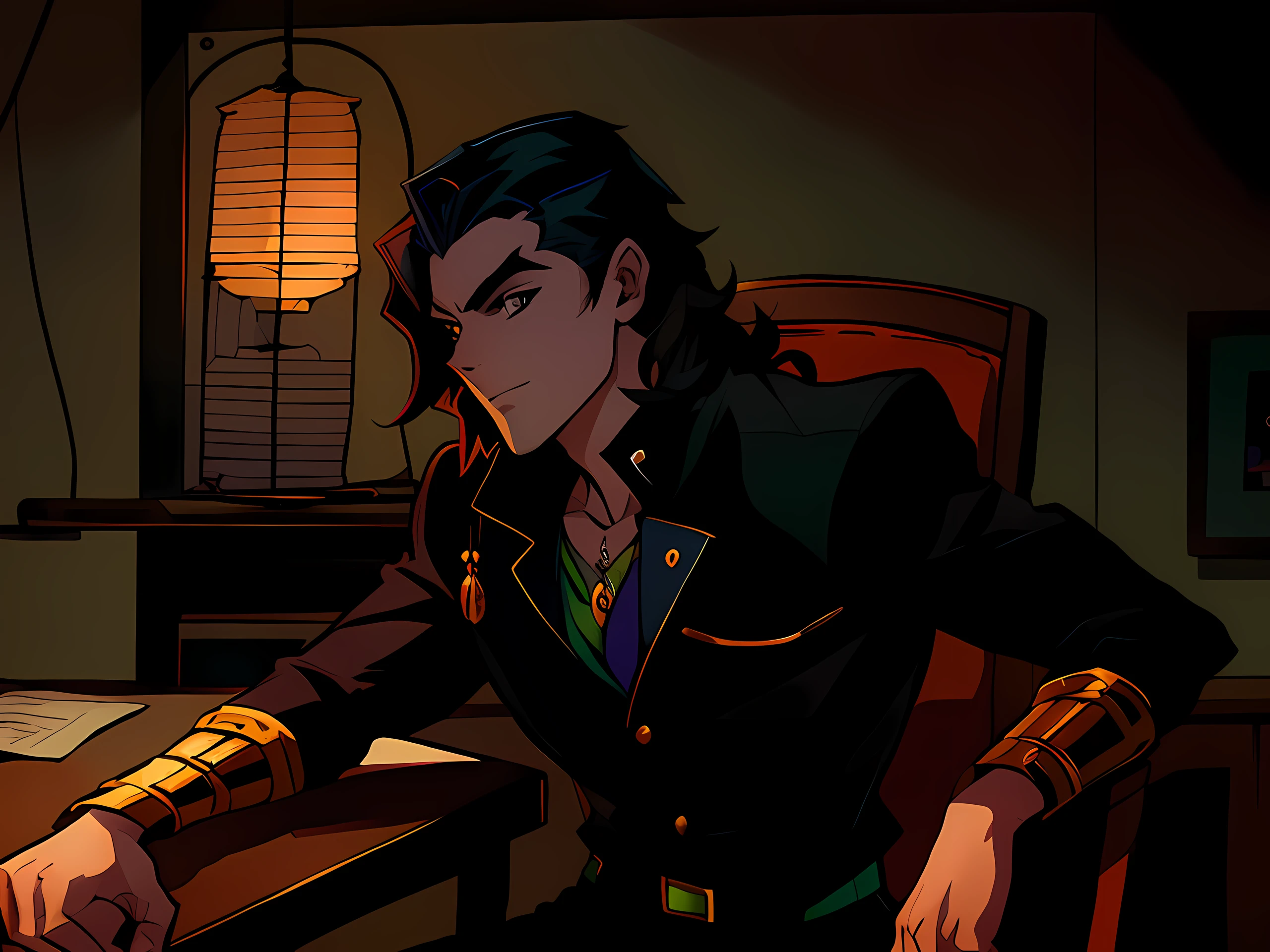 anime character sitting at a desk, handsome guy in JoJo Bizzare Adventure art, caleb from critical role, beautiful androgynous prince, official art, lawther sit at table playing dnd, official character art, a portrait of the character, nefarious smirk, casimir art, by Meredith Dillman, official character illustration, full color illustration