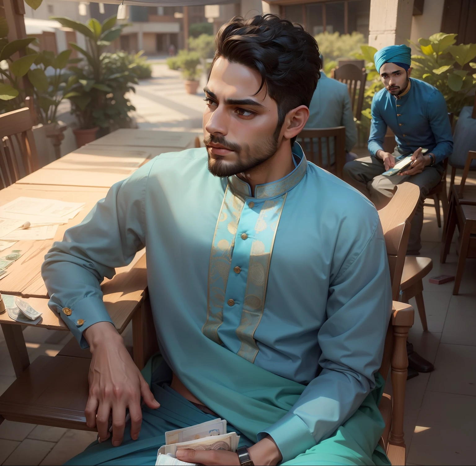 Boy seating in a chair,wearing a light blue panjabi,phone and money bag in his hand,other hand in table,There's a table and some chair in the back ground, realistic same face,don't change the face, 8k
