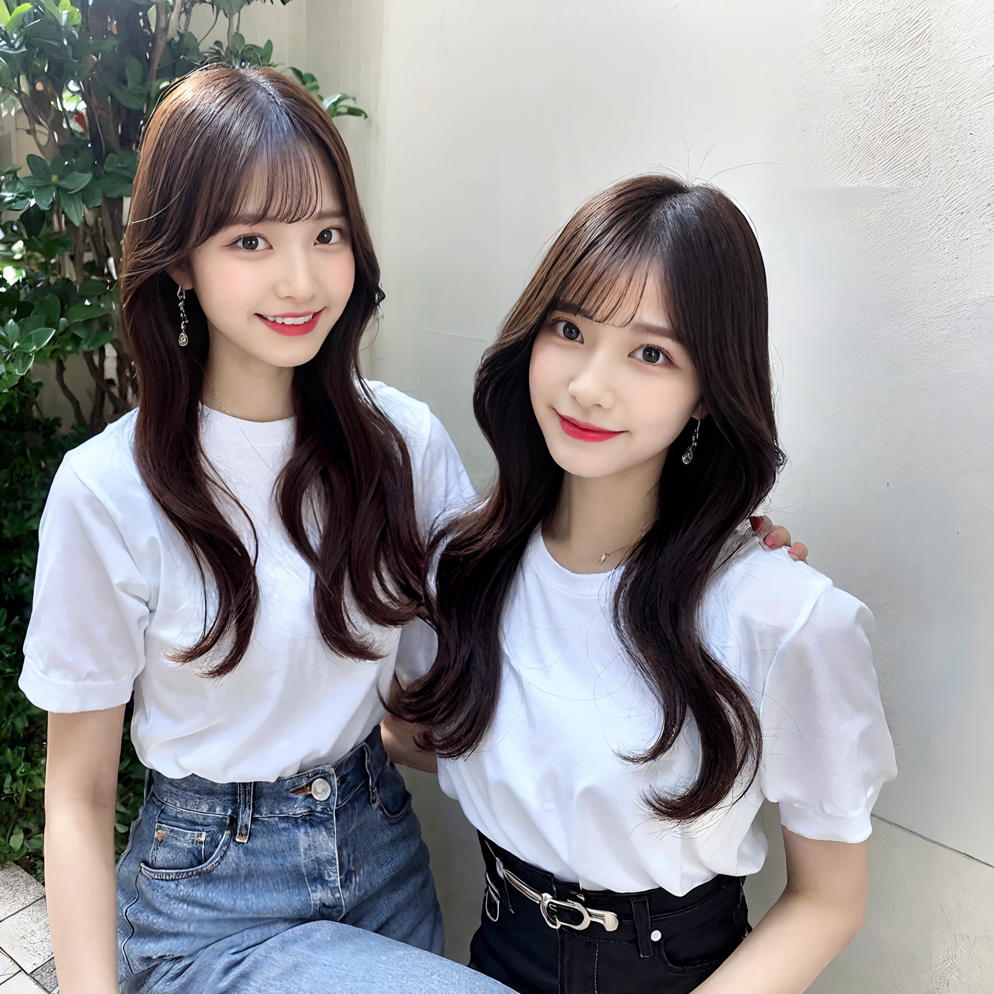 Top image quality、realisticeyes、real looking skin、high-detailed skin、young asian woman、dressed casually、white t-shirts、shortsleeves、denim pant、Flared pants、high-heels、Red High Heels、Sitting and looking at this、Cheek cane、Kamimei、light laughing!A dark-haired、poneyTail、18year old、simple background